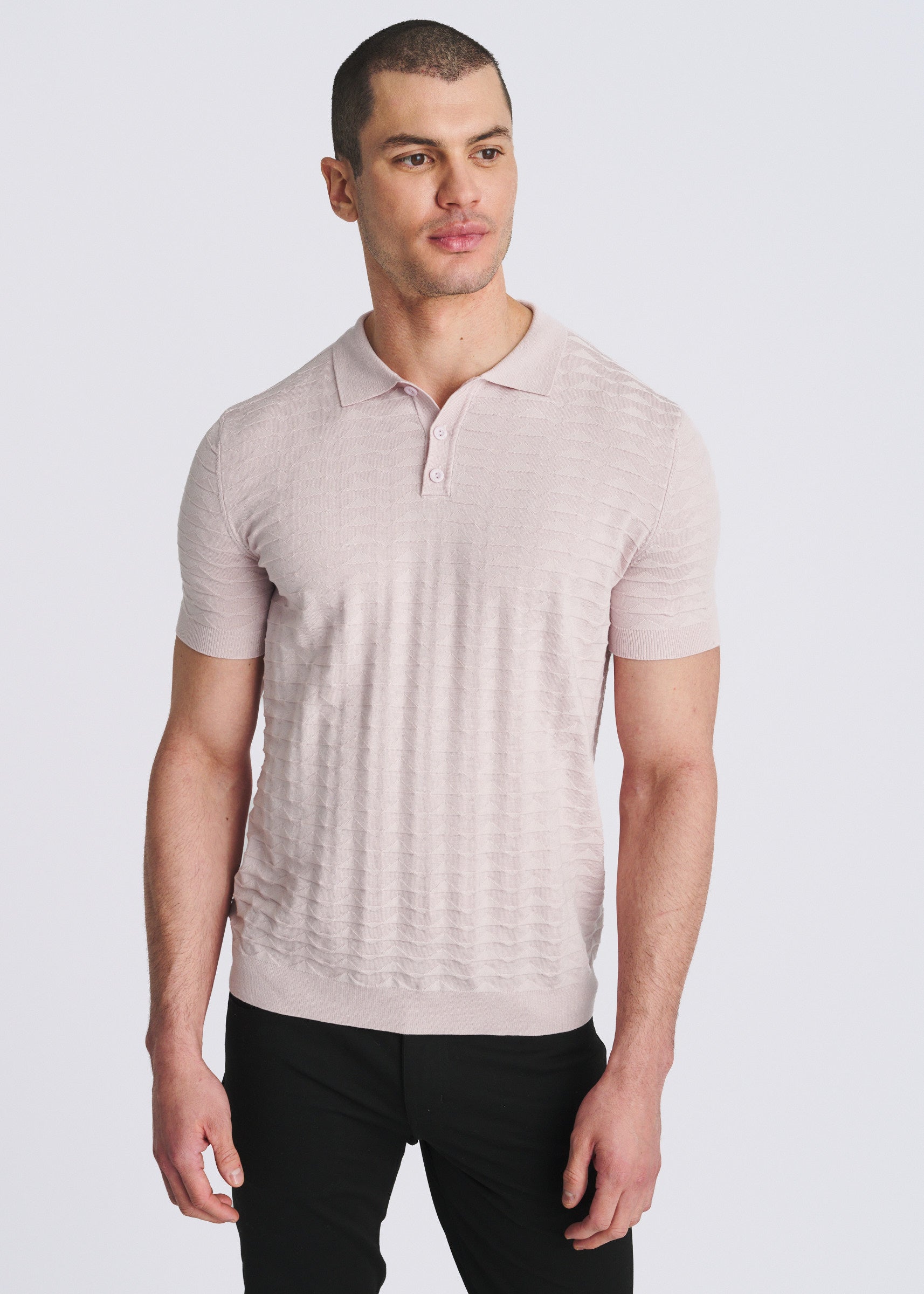PETAL EMBOSSED TRIANGLES SILK/TENCEL 3-BUTTON KNIT POLO PM-16340