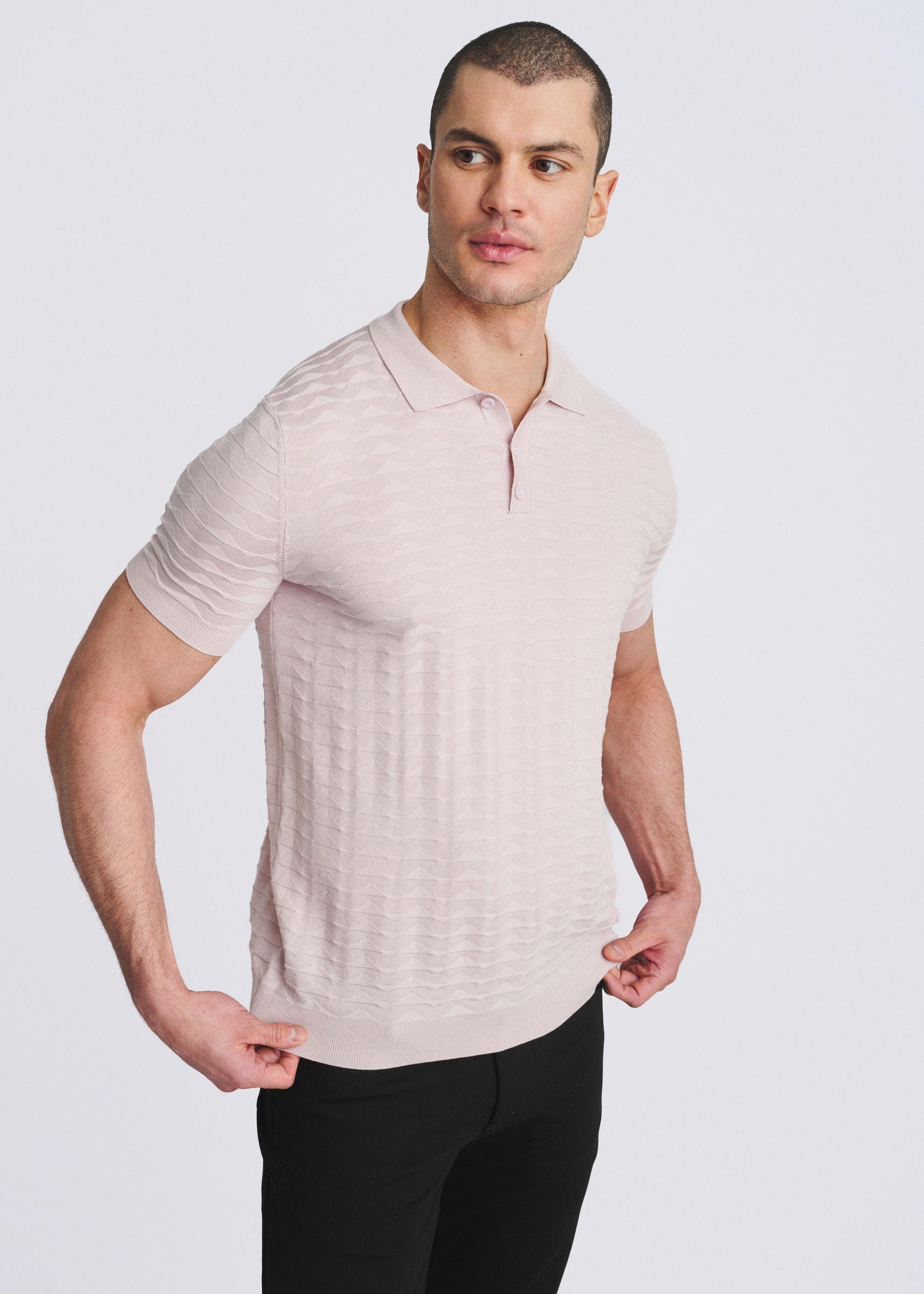 PETAL EMBOSSED TRIANGLES SILK/TENCEL 3-BUTTON KNIT POLO PM-16340