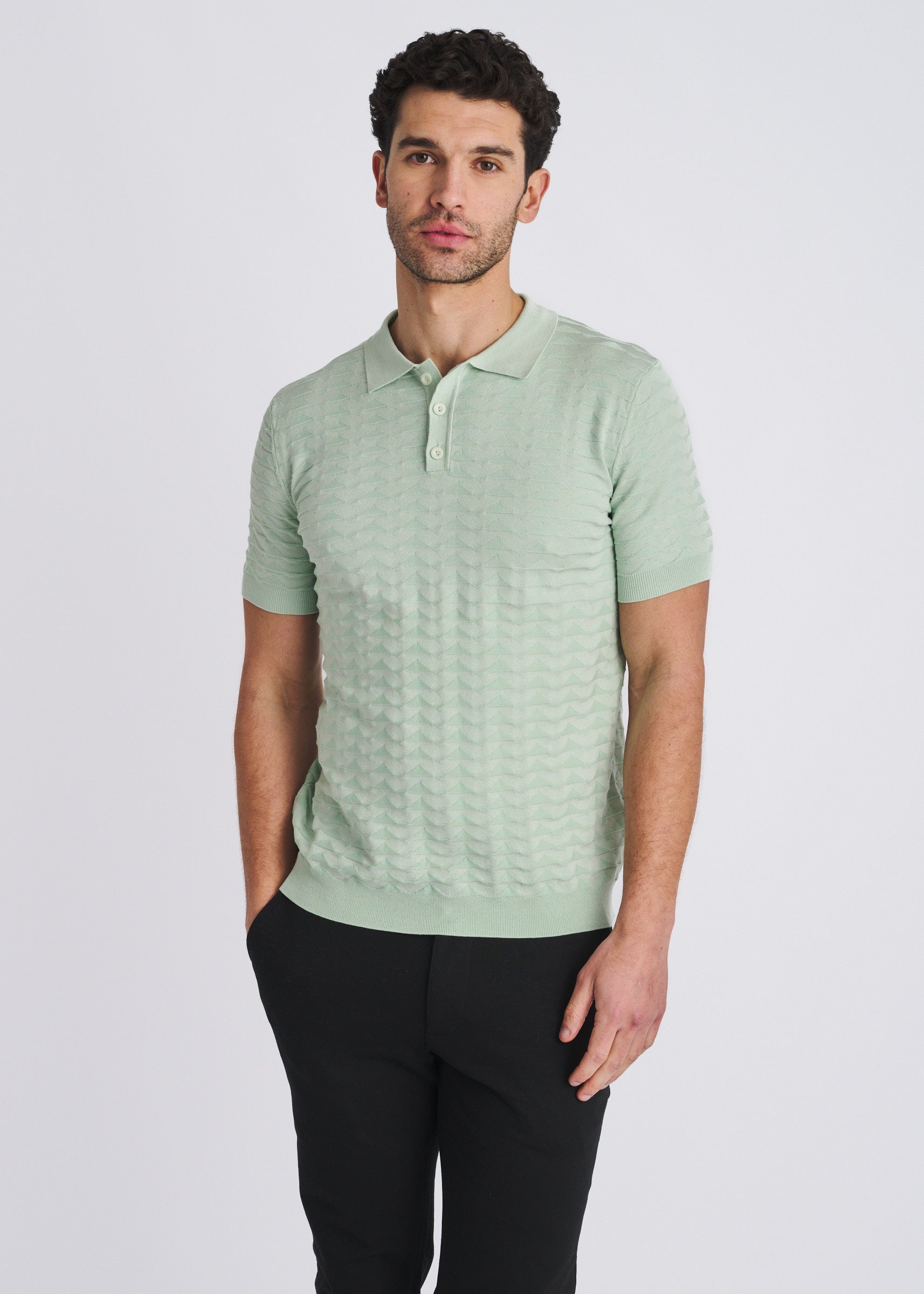 SEACREST EMBOSSED TRIANGLES SILK/TENCEL 3-BUTTON KNIT POLO PM-16340