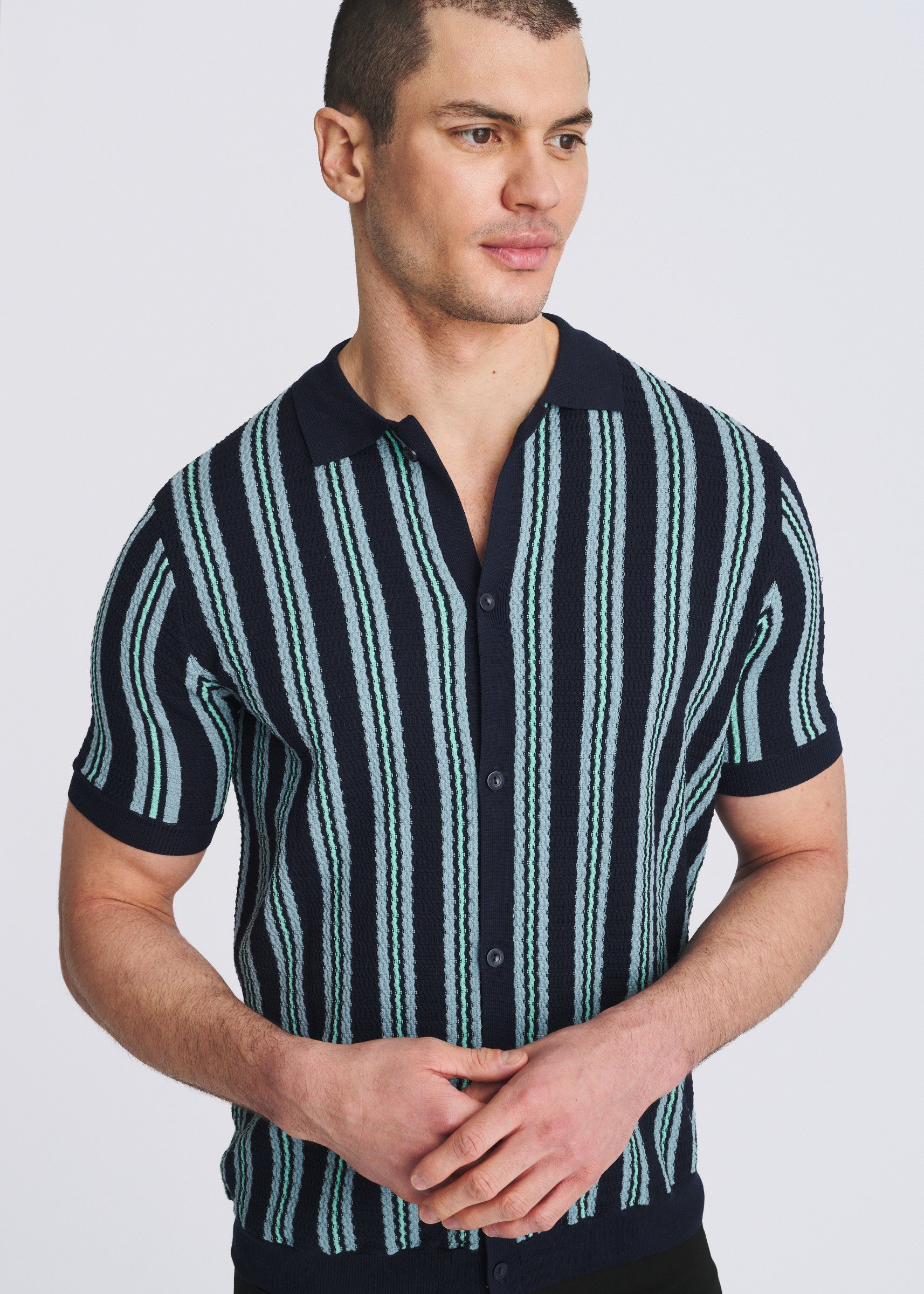 NAVY OPEN MESH PINSTRIPES SILK/TENCEL BUTTON FRONT KNIT SHIRT PM-16341