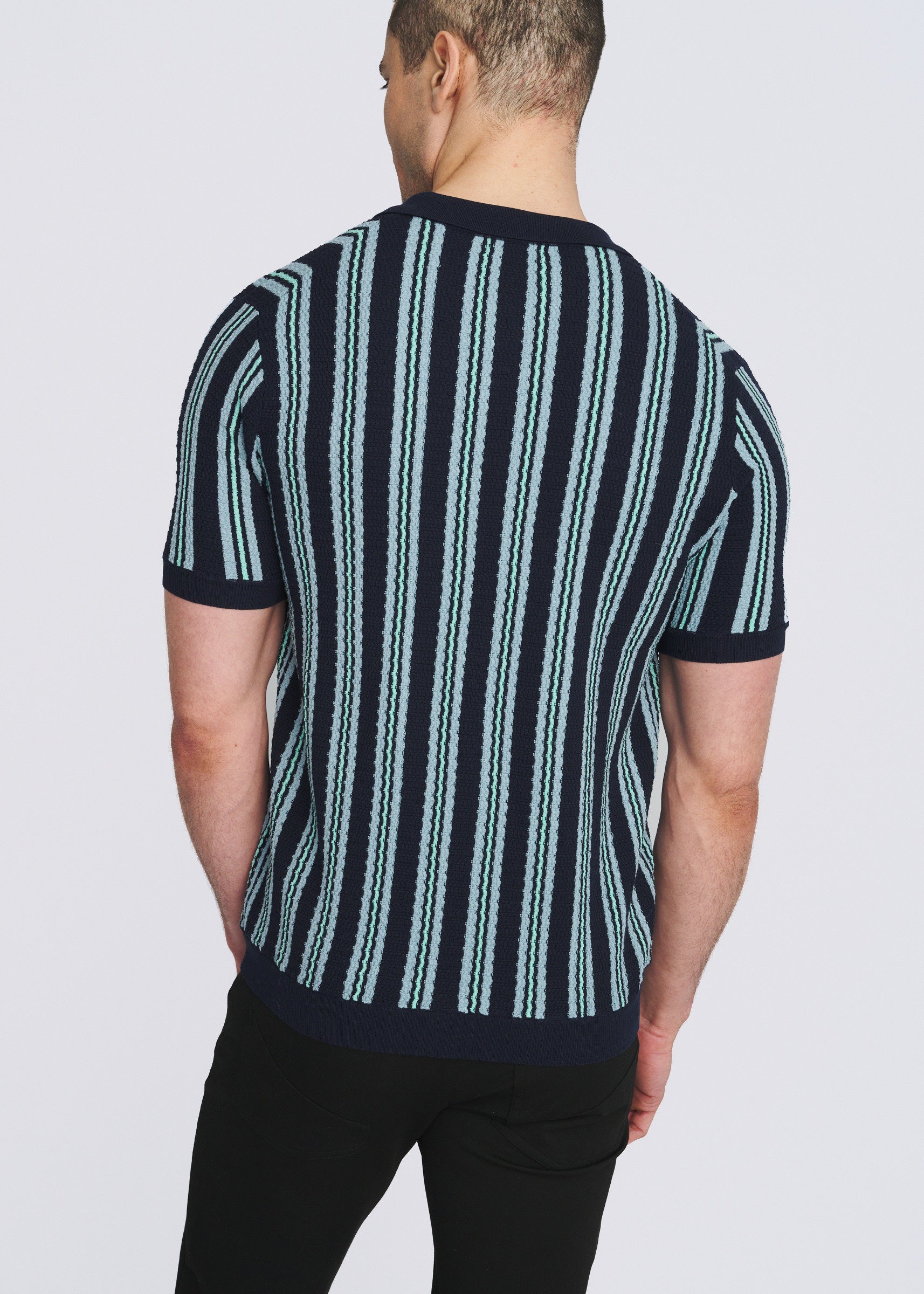NAVY OPEN MESH PINSTRIPES SILK/TENCEL BUTTON FRONT KNIT SHIRT PM-16341
