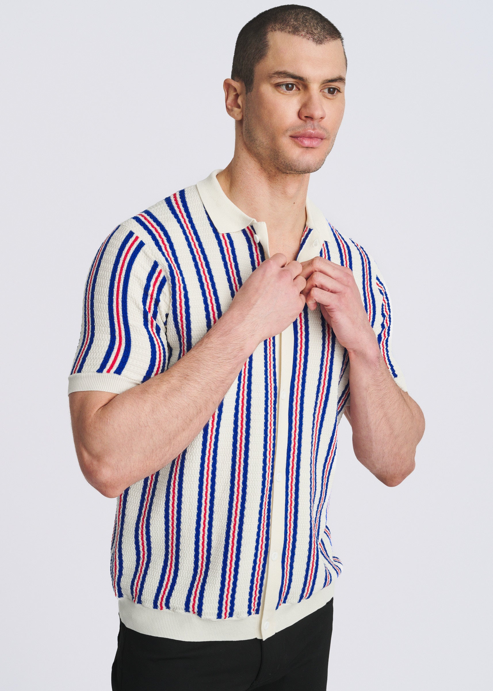 OFF WHITE OPEN MESH PINSTRIPES SILK/TENCEL BUTTON FRONT KNIT SHIRT PM-16341