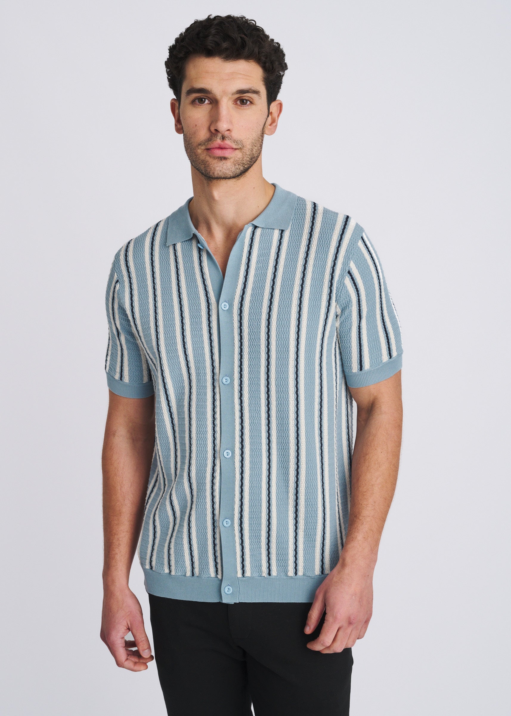 POWDER BLUE OPEN MESH PINSTRIPES SILK/TENCEL BUTTON FRONT KNIT SHIRT PM-16341