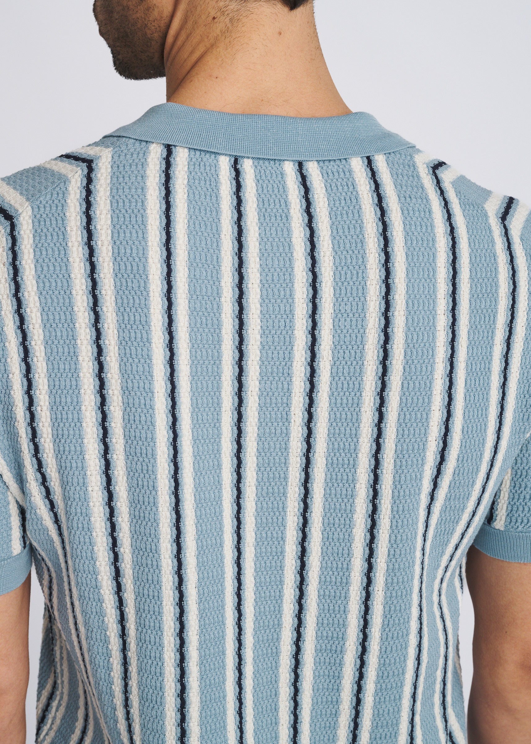 POWDER BLUE OPEN MESH PINSTRIPES SILK/TENCEL BUTTON FRONT KNIT SHIRT PM-16341