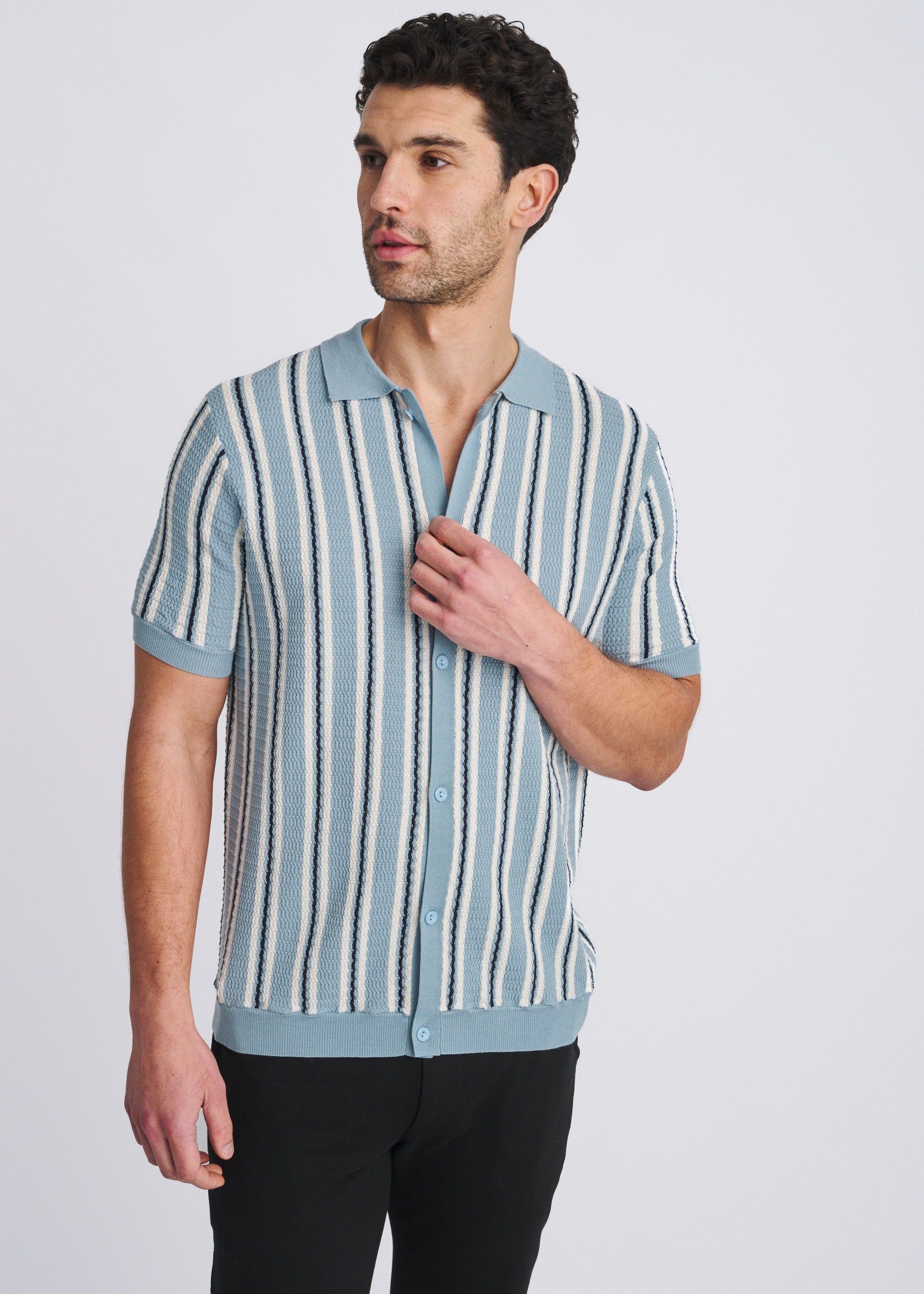 POWDER BLUE OPEN MESH PINSTRIPES SILK/TENCEL BUTTON FRONT KNIT SHIRT PM-16341
