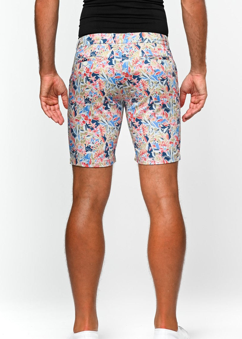 KHAKI/BLUE FLORAL PRINTED 8" STRETCH WOVEN SHORTS PM-24705