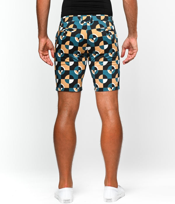 CAMEL/MARINE CIRCLES 8" PRINTED STRETCH WOVEN SHORTS PM-24706- Final Sale