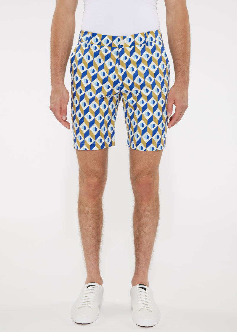 OCHRE/ROYAL CUBES 8" PRINTED STRETCH WOVEN SHORTS PM-24707- Final Sale