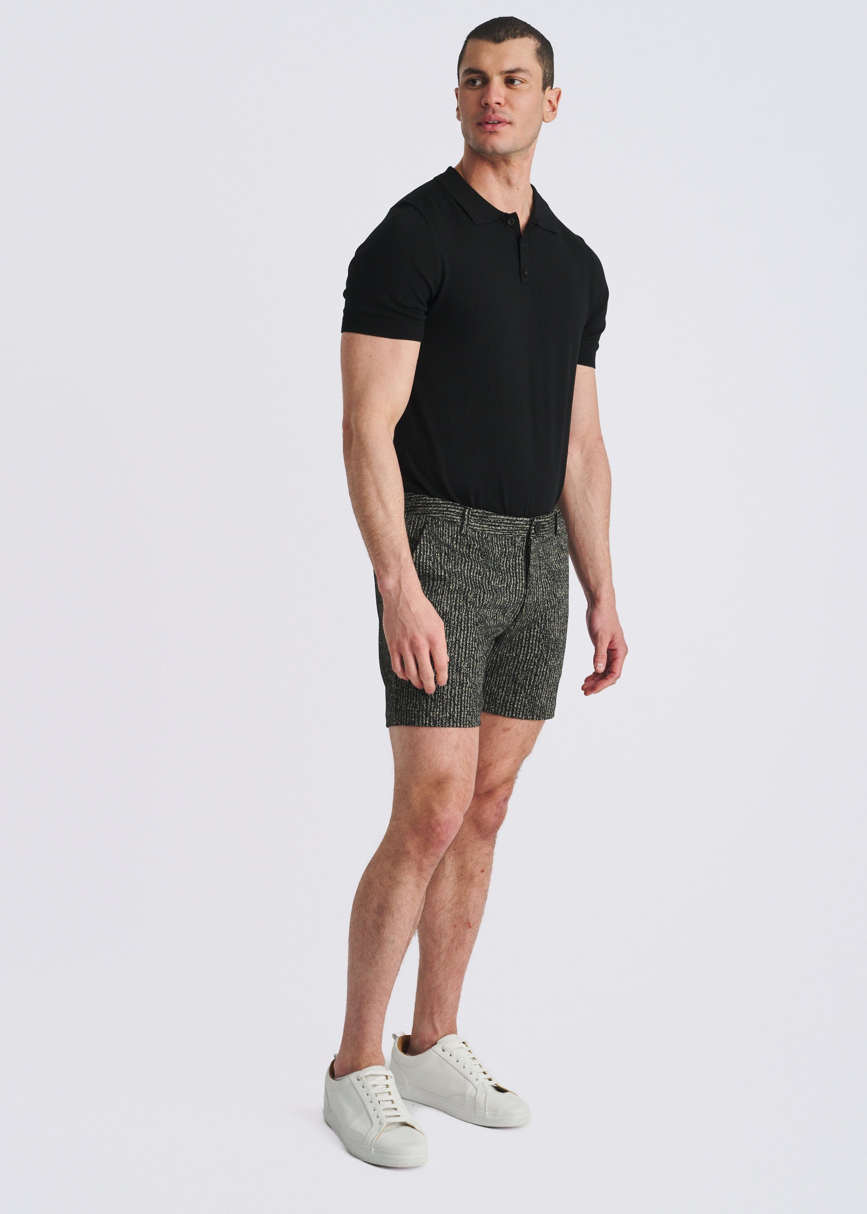 BLACK HERRINGBONE JACQUARD 6" INSEAM STRETCH KNIT CHINO SHORTS PM-2549