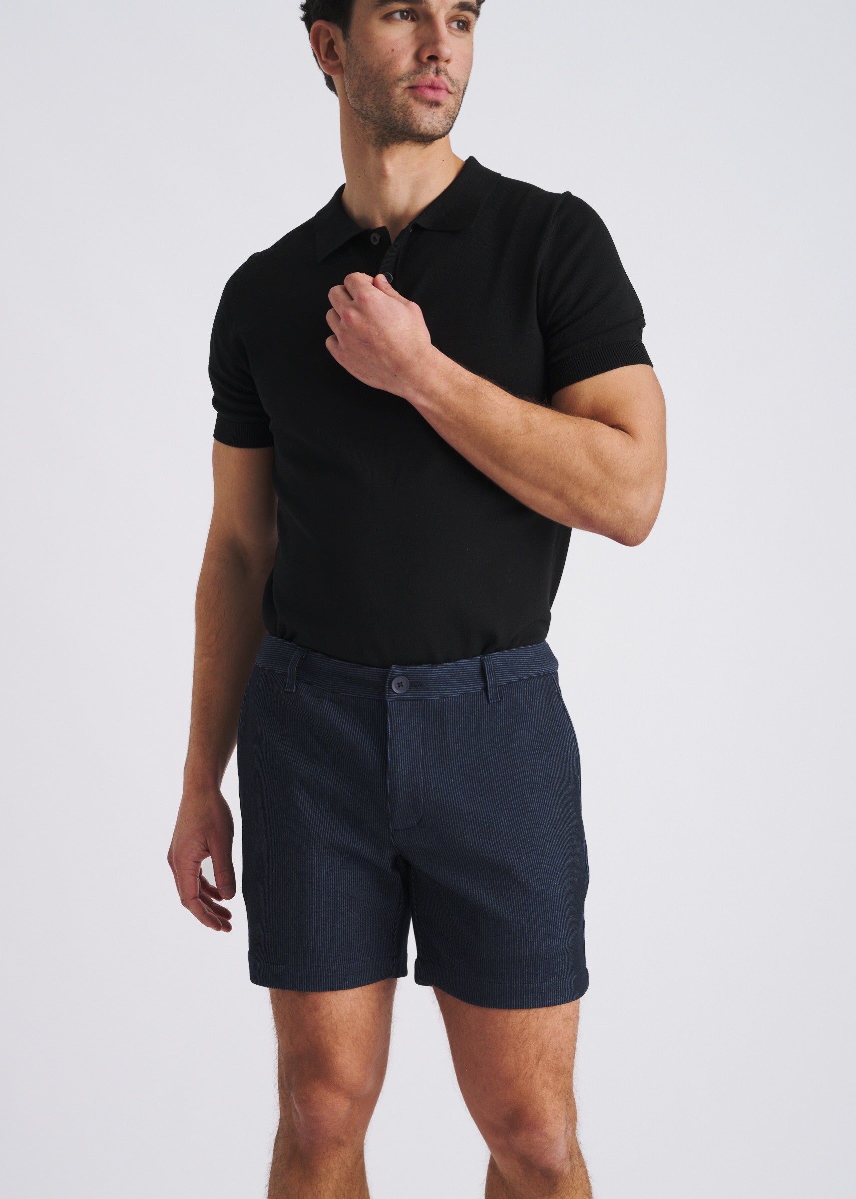 NAVY PINSTRIPE 6" INSEAM STRETCH KNIT CHINO SHORTS PM-2556