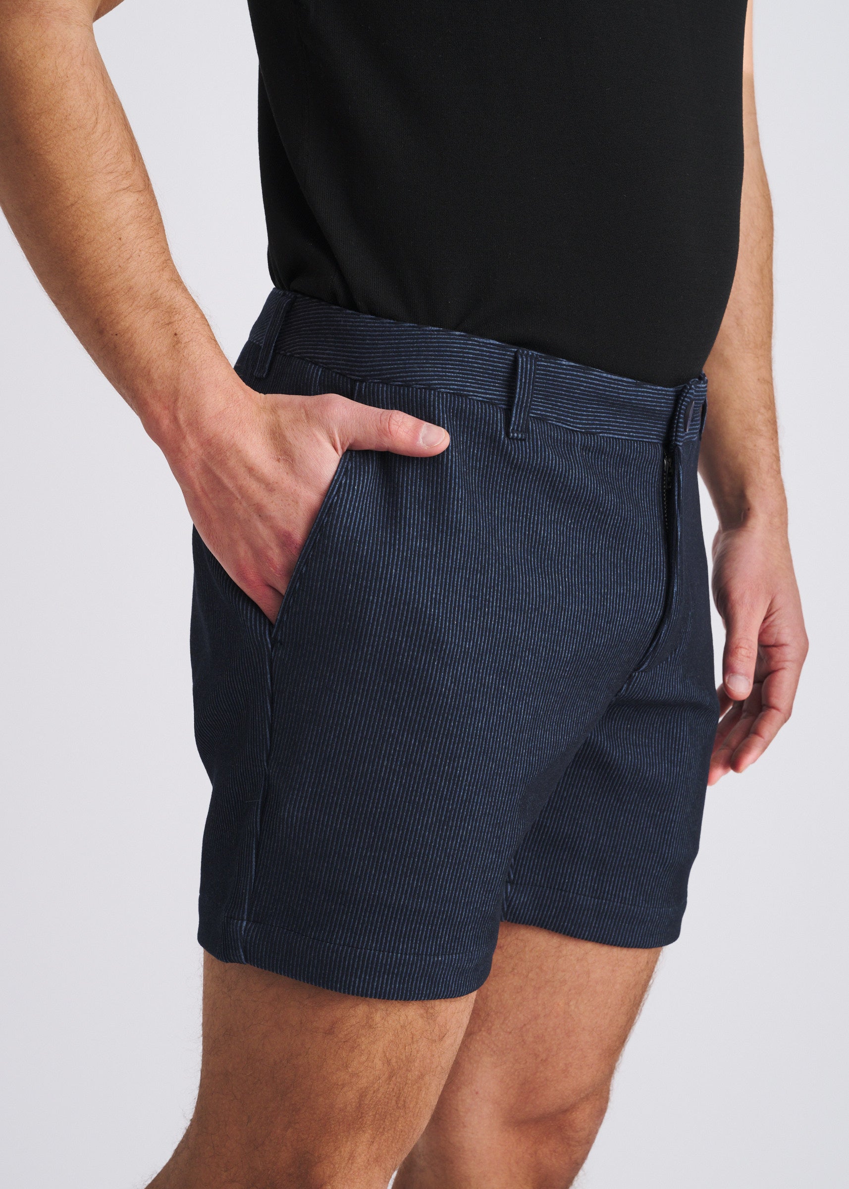 NAVY PINSTRIPE 6" INSEAM STRETCH KNIT CHINO SHORTS PM-2556