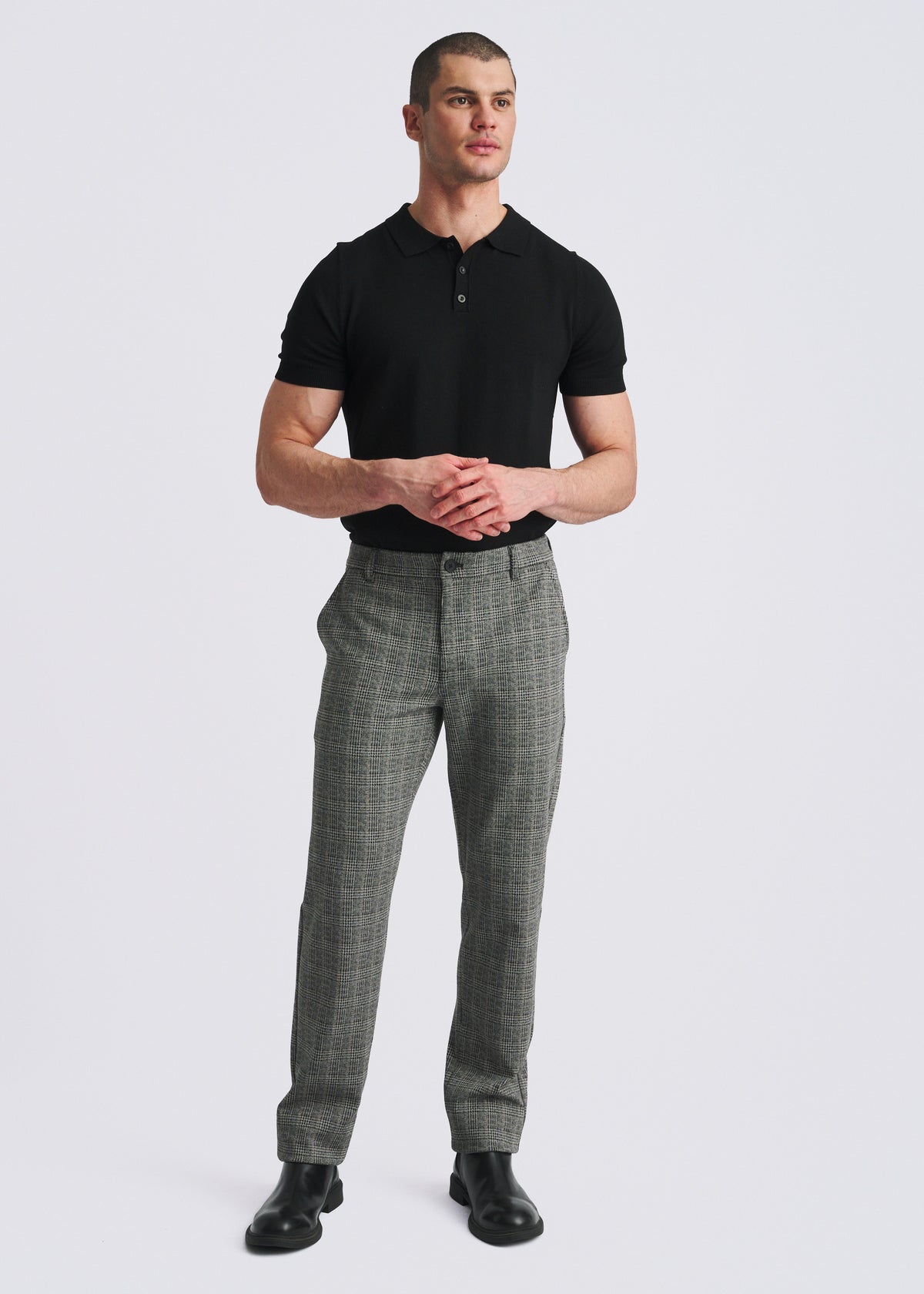 CHARCOAL GLEN PLAID CLASSIC FIT WOOL-LOOK STRETCH KNIT TAILORED PANTS PM-3063-01