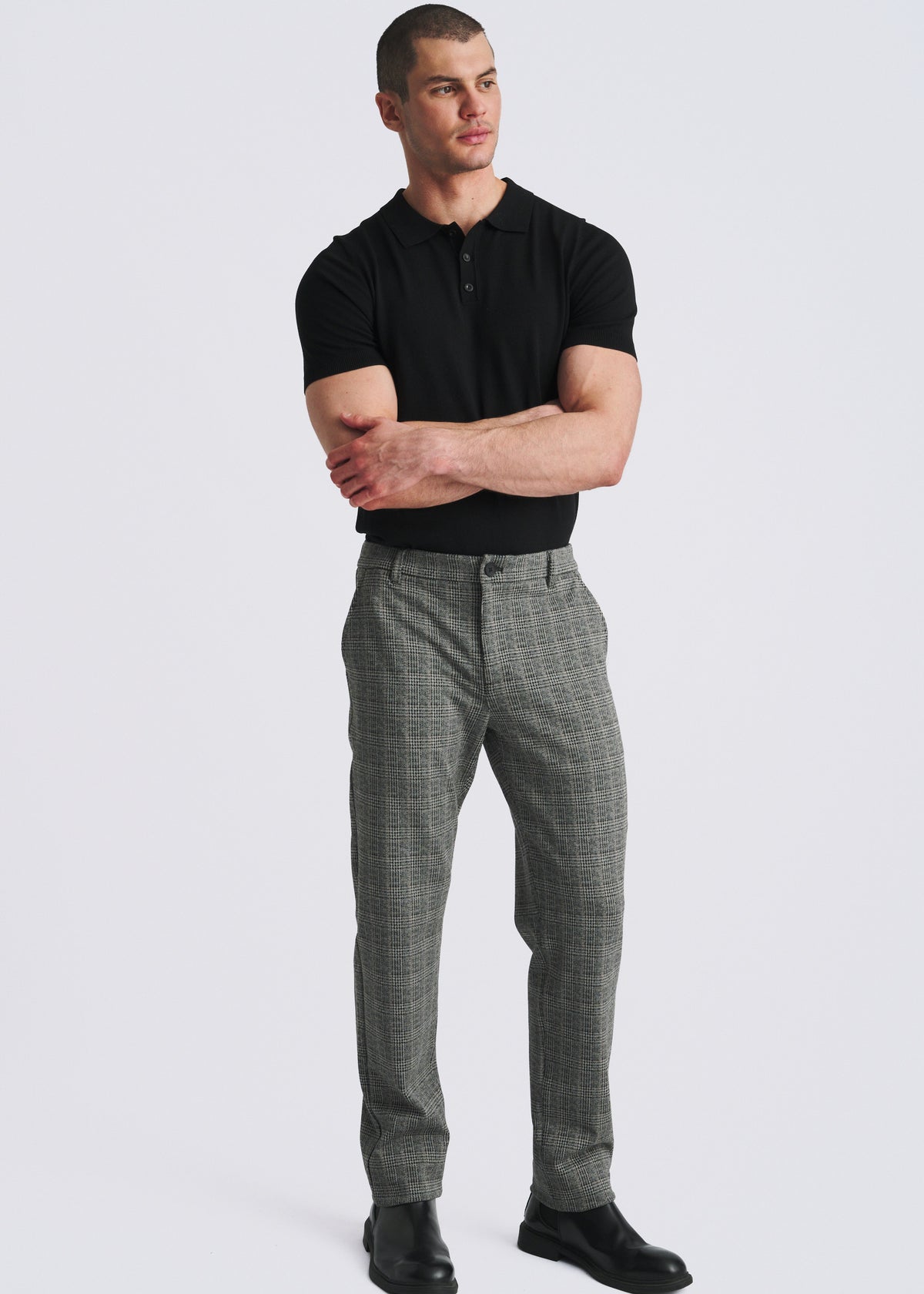 CHARCOAL GLEN PLAID CLASSIC FIT WOOL-LOOK STRETCH KNIT TAILORED PANTS PM-3063-01