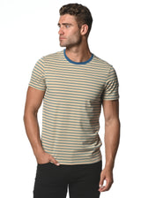 APRICOT/PACIFIC BLUE STRIPED CREW NECK KNIT T-SHIRT PM-41005