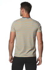 APRICOT/PACIFIC BLUE STRIPED CREW NECK KNIT T-SHIRT PM-41005