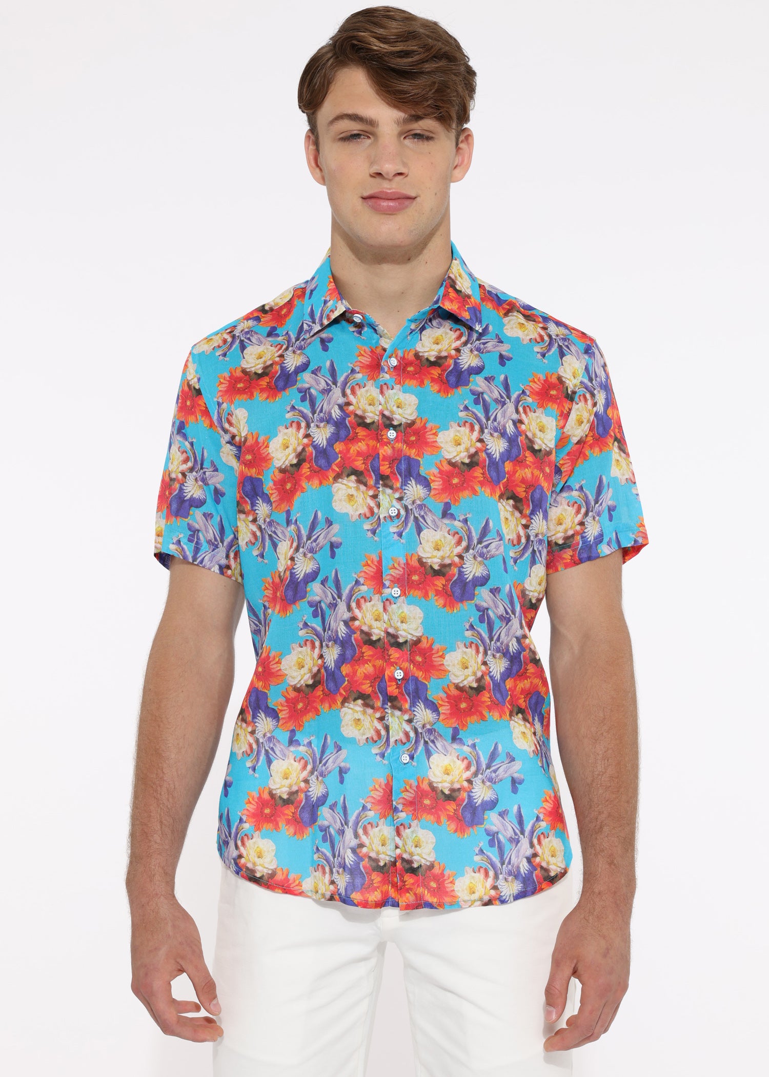 BLUE/PURPLE FLORAL TENCEL/LINEN SHORT SLEEVE WOVEN SHIRT PM-45002
