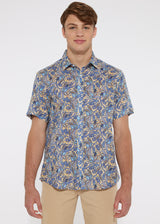 BLUE/CORAL LEAVES TENCEL/LINEN SHORT SLEEVE WOVEN SHIRT PM-45005