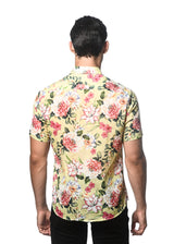 YELLOW/ PINK BLOOMS PRINTED LINEN TENCEL SHORT SLEEVES WOVEN SHIRT PM-45030