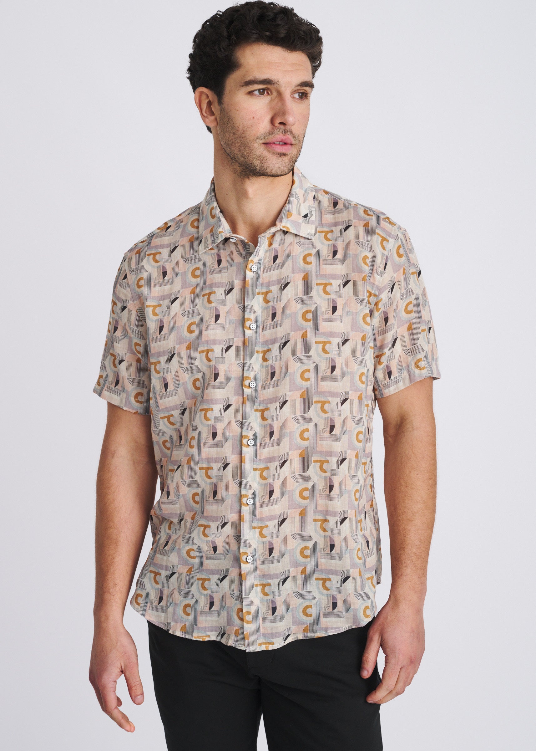 PARFAIT/SEACREST ABSTRACT PRINTED LIGHTWEIGHT LINEN/TENCEL SHORT SLEEVE SHIRT PM-45043