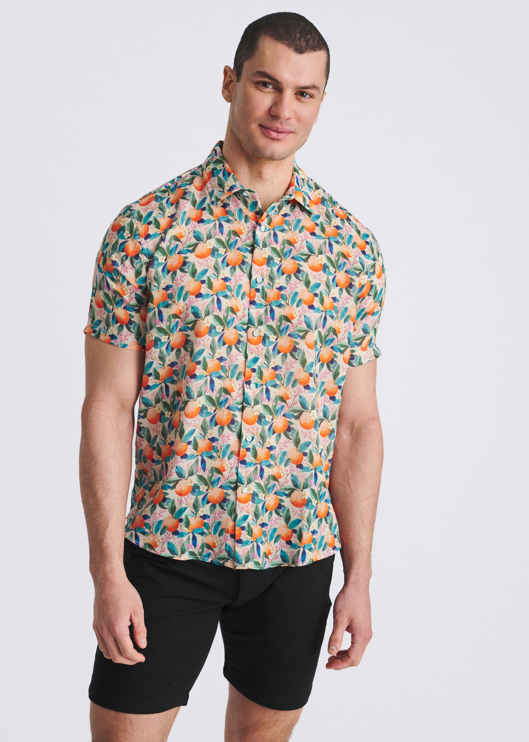 ORANGE/TEALFRUITS PRINTED LIGHTWEIGHT LINEN/TENCEL SHORT SLEEVE SHIRT PM-45045