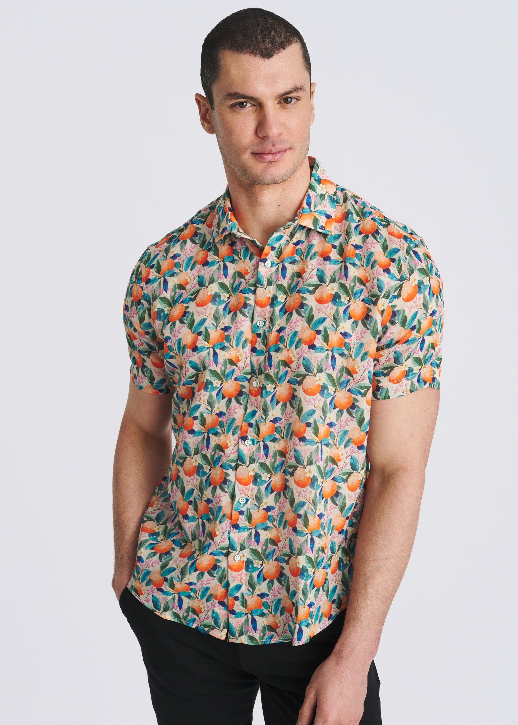 ORANGE/TEALFRUITS PRINTED LIGHTWEIGHT LINEN/TENCEL SHORT SLEEVE SHIRT PM-45045