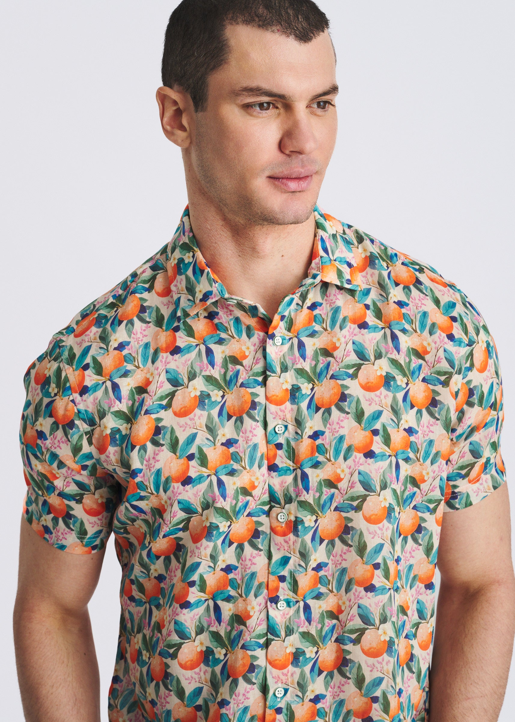 ORANGE/TEALFRUITS PRINTED LIGHTWEIGHT LINEN/TENCEL SHORT SLEEVE SHIRT PM-45045