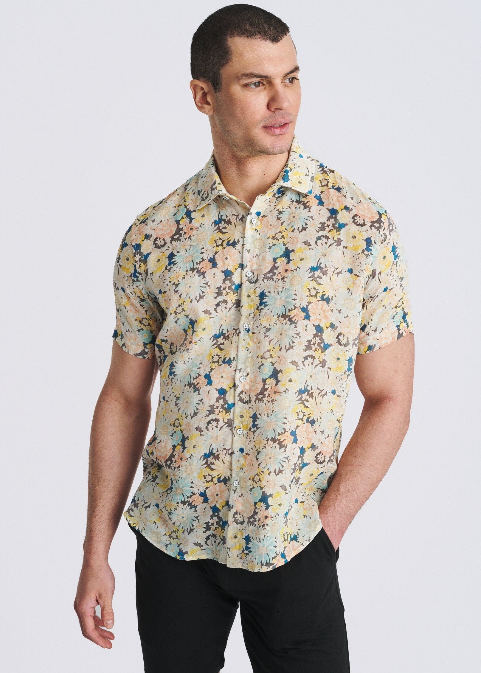 YELLOW/TEAL FLORAL PRINTED LIGHTWEIGHT LINEN/TENCEL SHORT SLEEVE SHIRT PM-45048