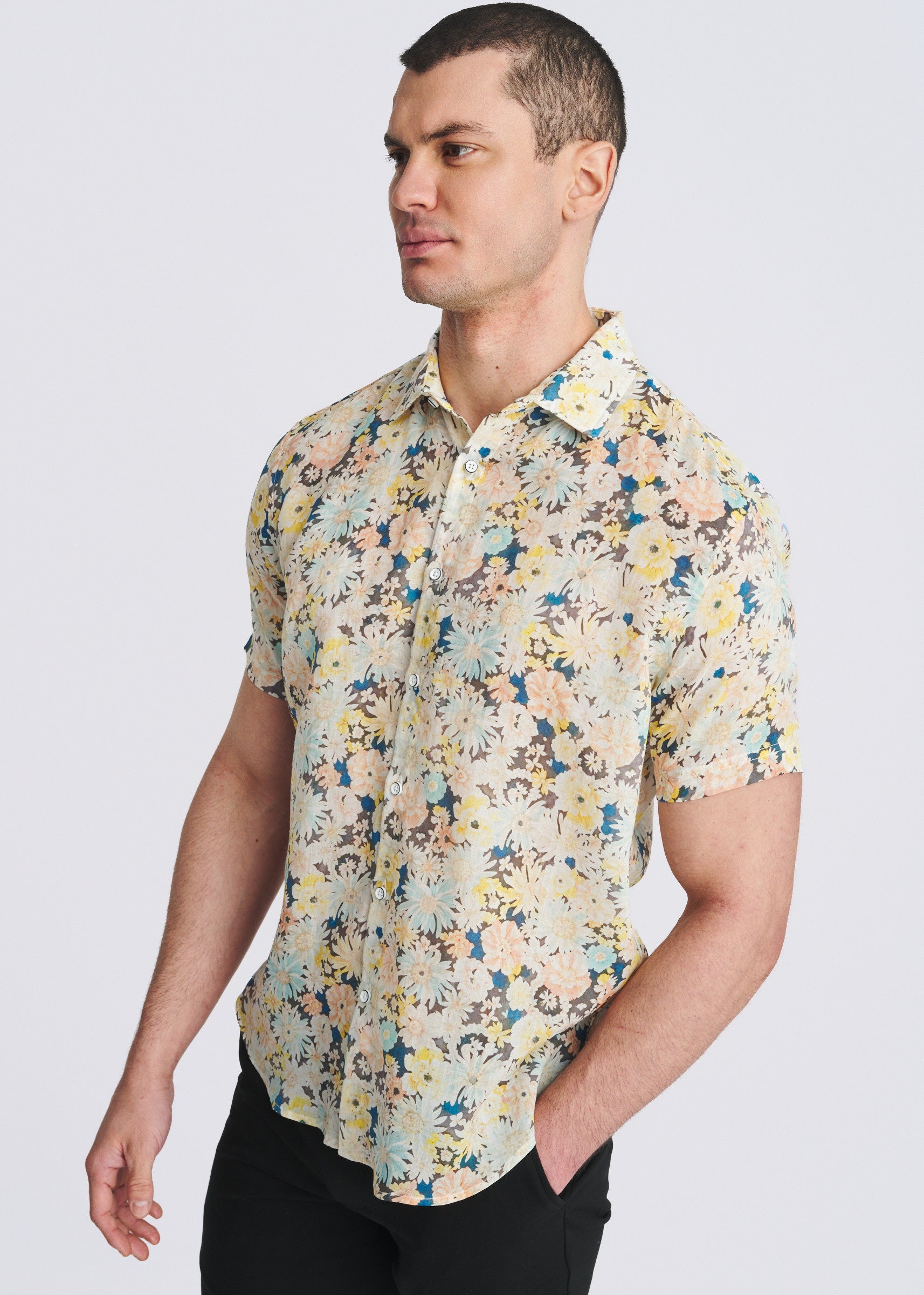 YELLOW/TEAL FLORAL PRINTED LIGHTWEIGHT LINEN/TENCEL SHORT SLEEVE SHIRT PM-45048