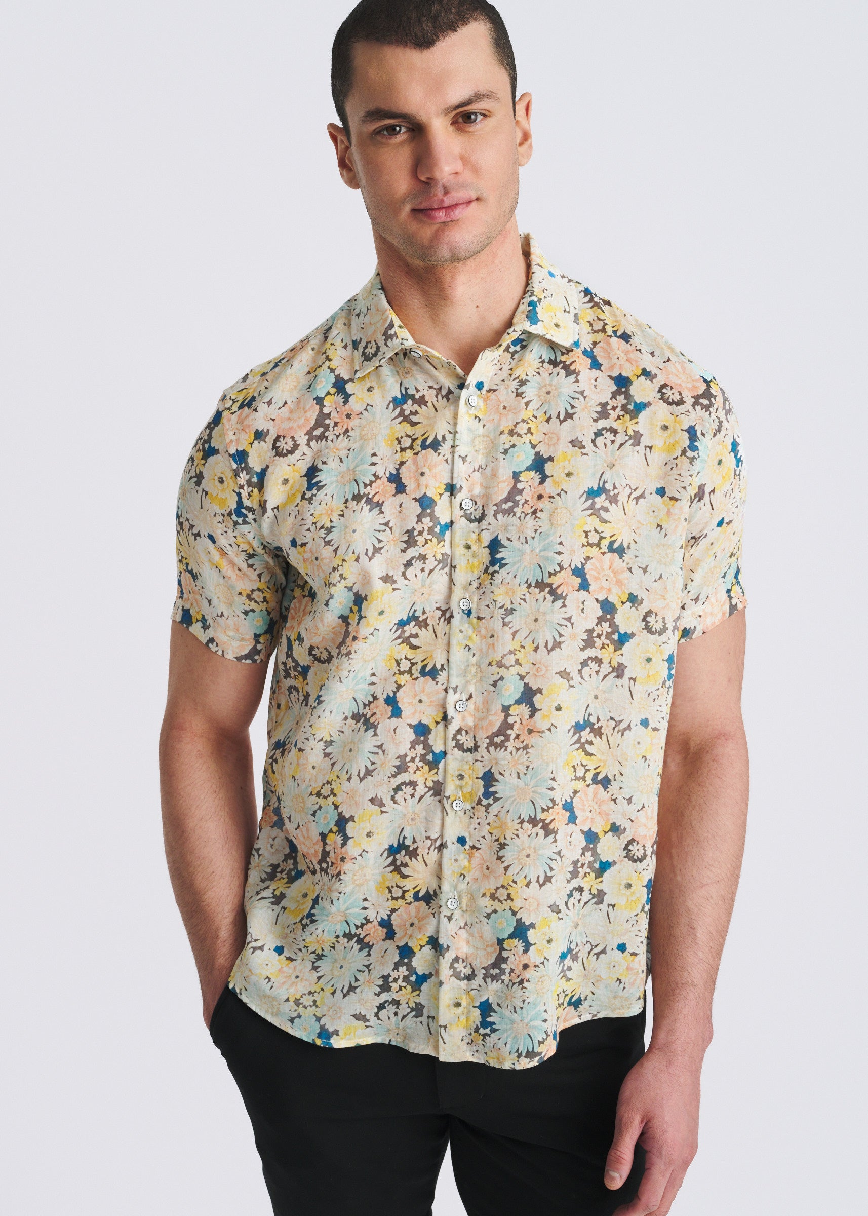 YELLOW/TEAL FLORAL PRINTED LIGHTWEIGHT LINEN/TENCEL SHORT SLEEVE SHIRT PM-45048