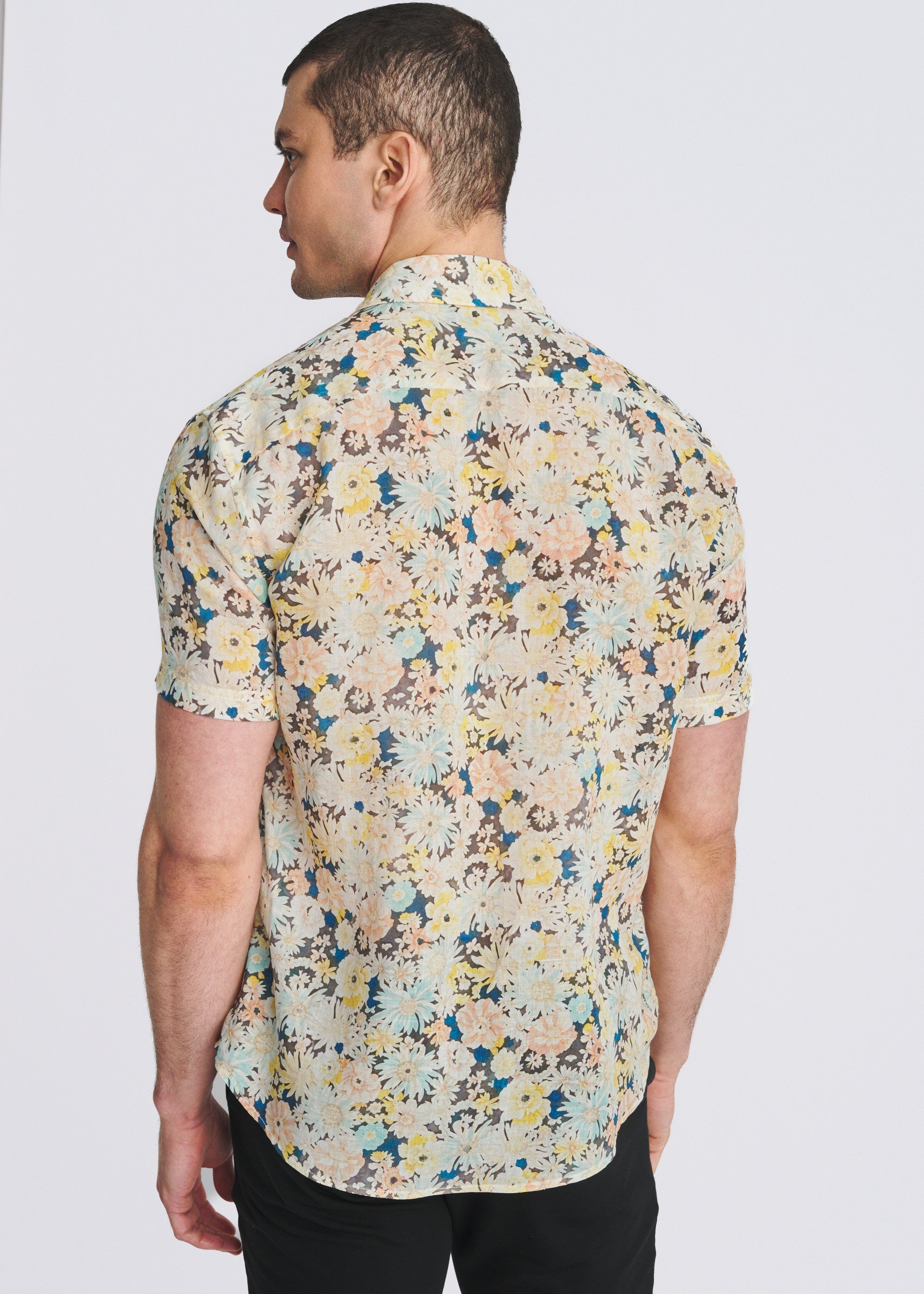 YELLOW/TEAL FLORAL PRINTED LIGHTWEIGHT LINEN/TENCEL SHORT SLEEVE SHIRT PM-45048