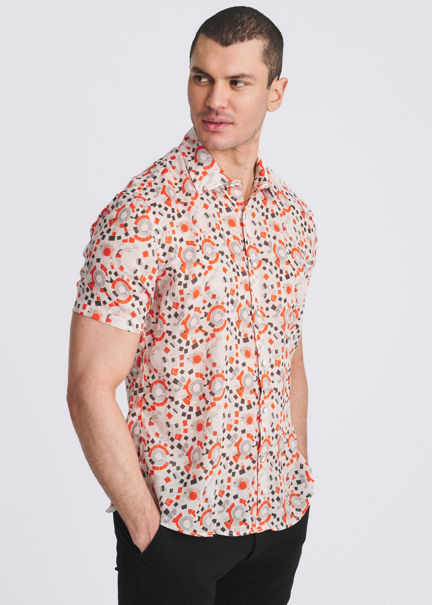 SPICE/OLIVE CIRCLES PRINTED LIGHTWEIGHT LINEN/TENCEL SHORT SLEEVE SHIRT PM-45053