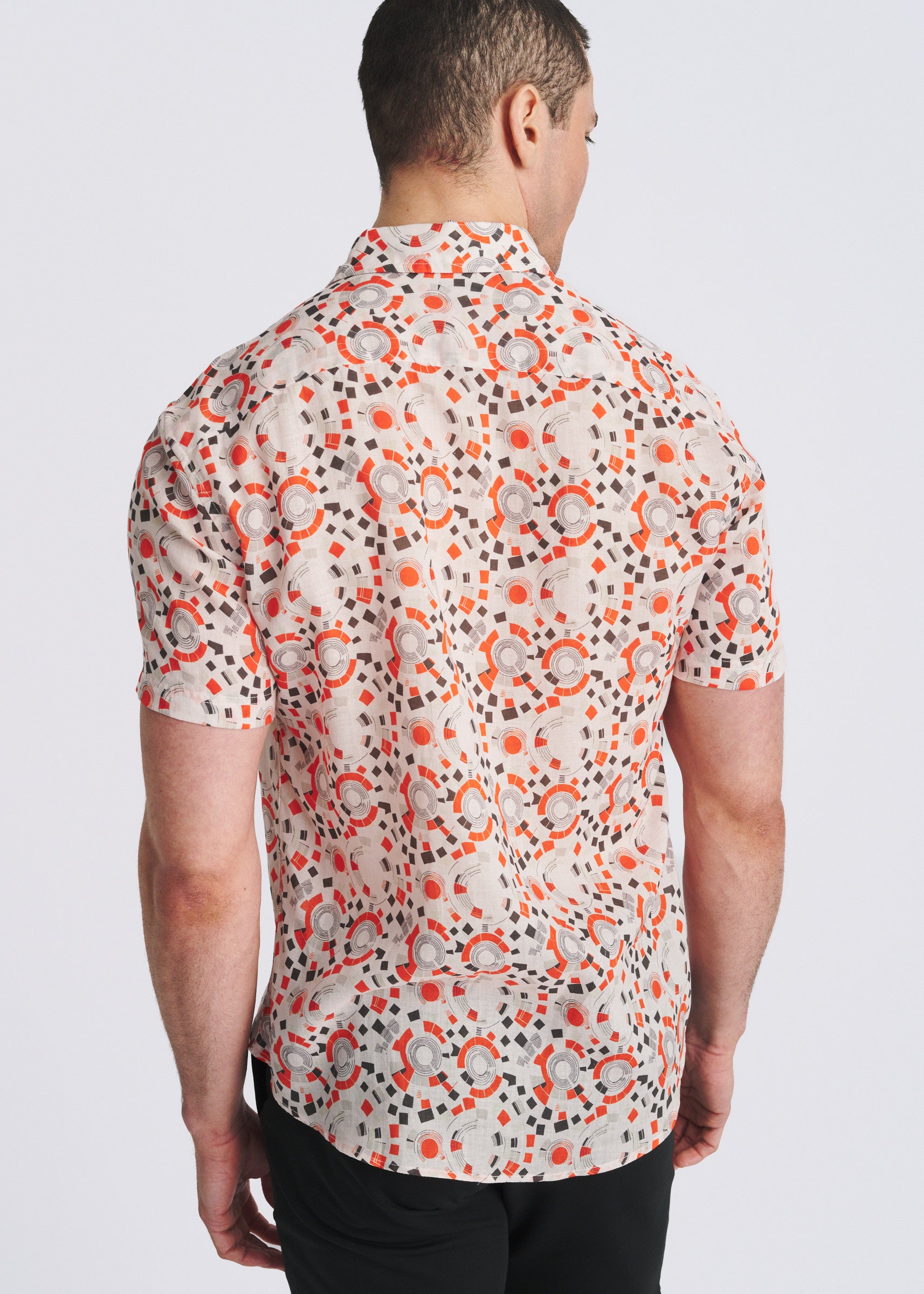 SPICE/OLIVE CIRCLES PRINTED LIGHTWEIGHT LINEN/TENCEL SHORT SLEEVE SHIRT PM-45053