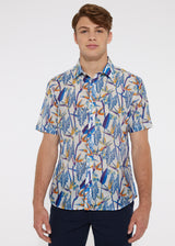 BLUE BIRDS OF PARADISE COTTON/SILK WOVEN SHORT SLEEVE SHIRT PM-46006