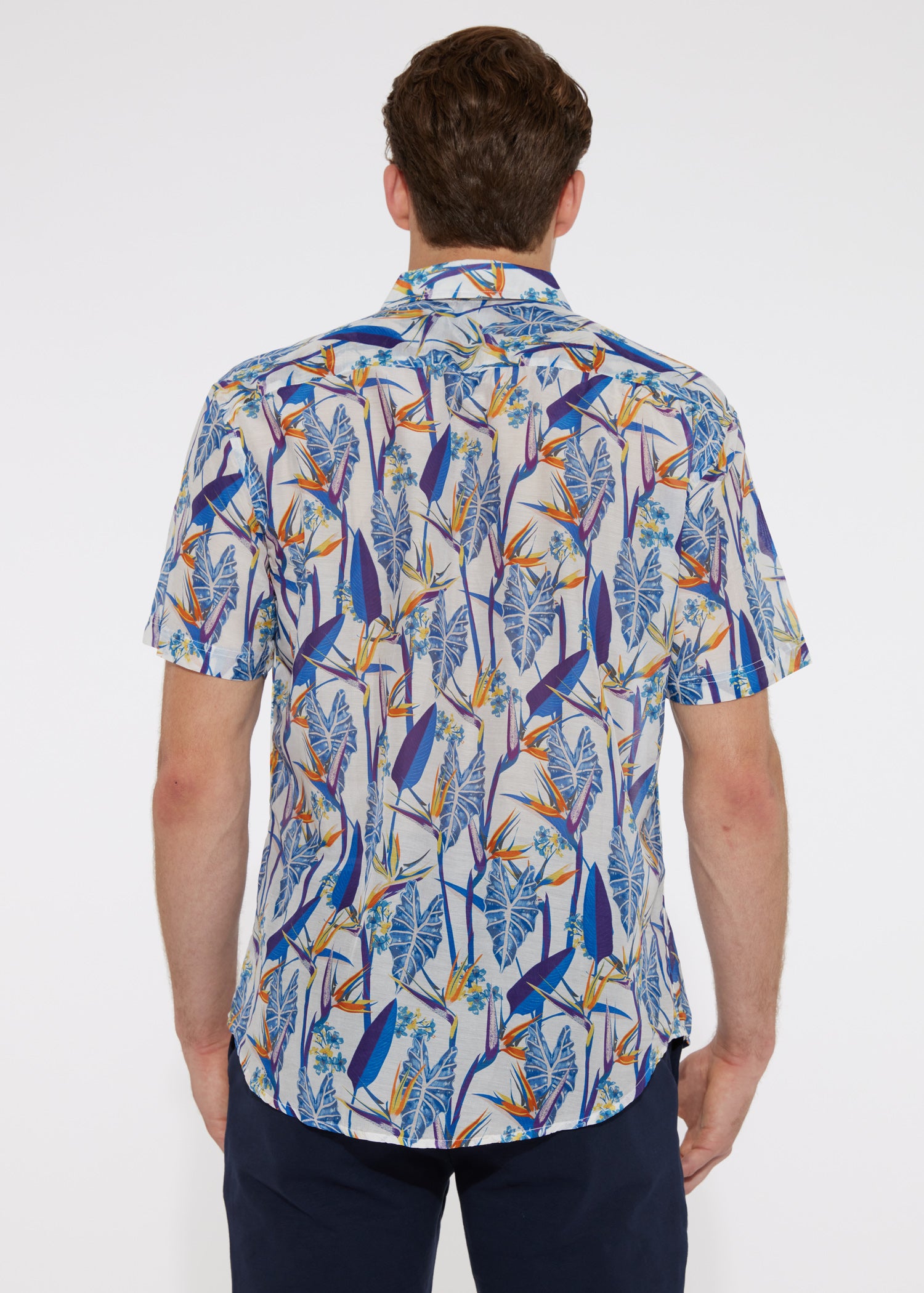 BLUE BIRDS OF PARADISE COTTON/SILK WOVEN SHORT SLEEVE SHIRT PM-46006