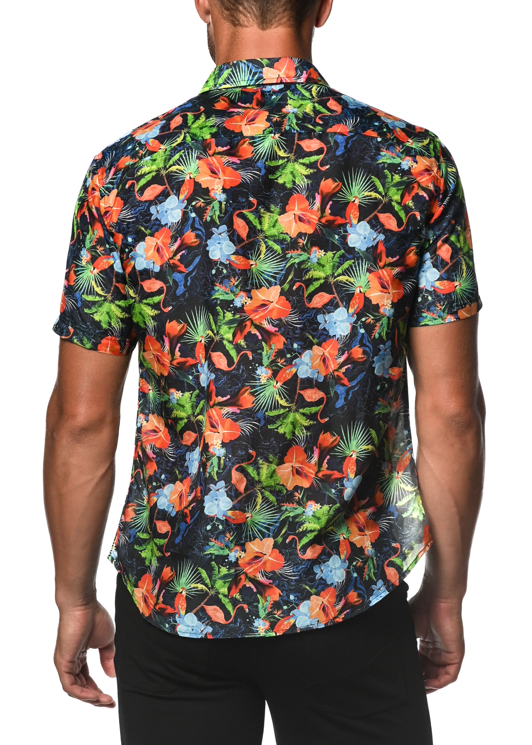 NAVY RAINFOREST COTTON/SILK SHORT SLEEVE WOVEN SHIRT PM-46016