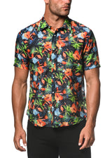 NAVY RAINFOREST COTTON/SILK SHORT SLEEVE WOVEN SHIRT PM-46016