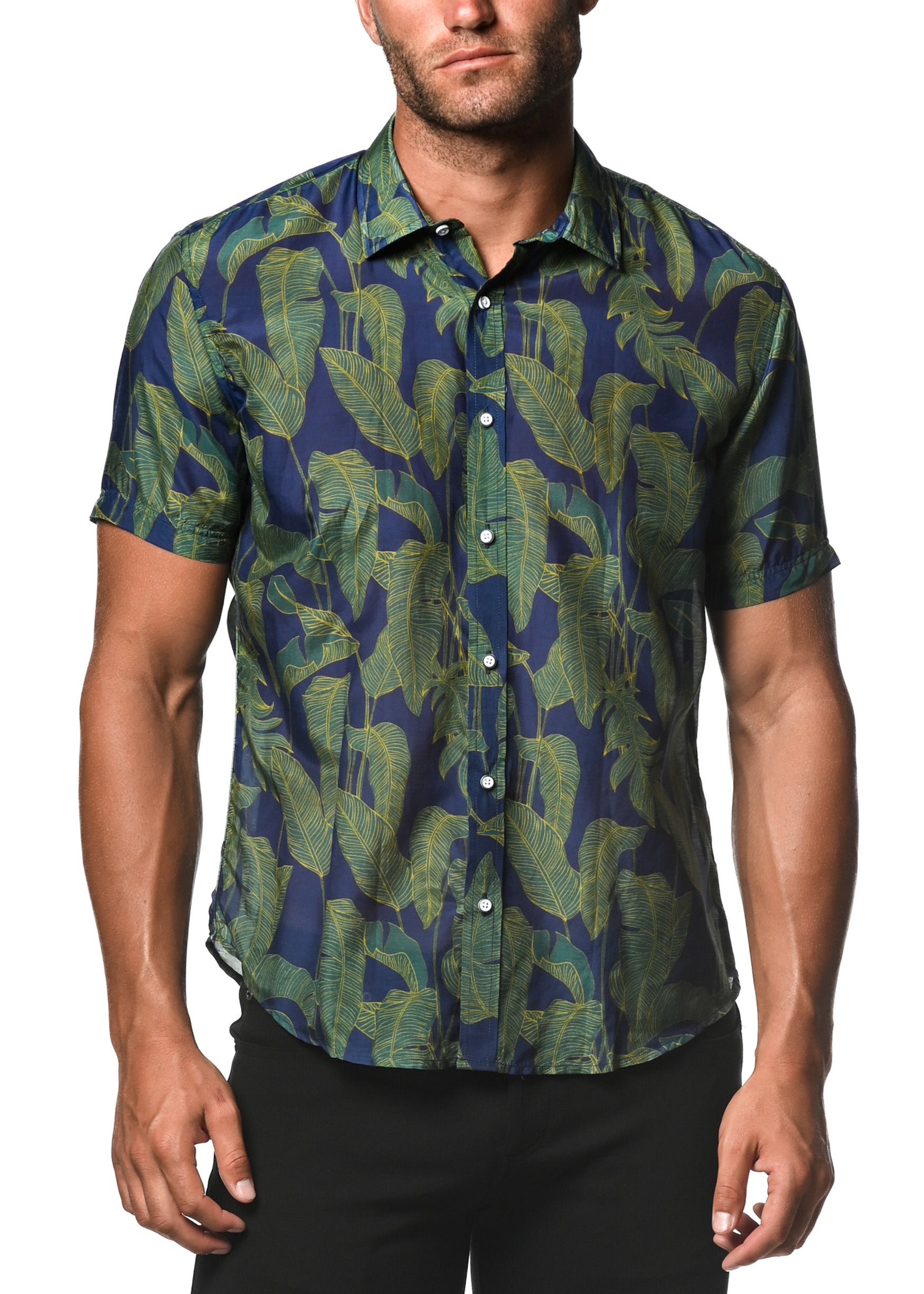 GREEN/ROYAL LEAVES COTTON/SILK SHORT SLEEVE WOVEN SHIRT PM-46021 GREEN/ROYAL LEAVES COTTON/SILK SHORT SLEEVE WOVEN SHIRT PM-46021