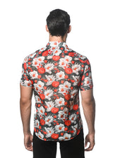 RED/ GREY FLORAL PRINTED COTTON SILK SHORT SLEEVES WOVEN SHIRT PM-46031