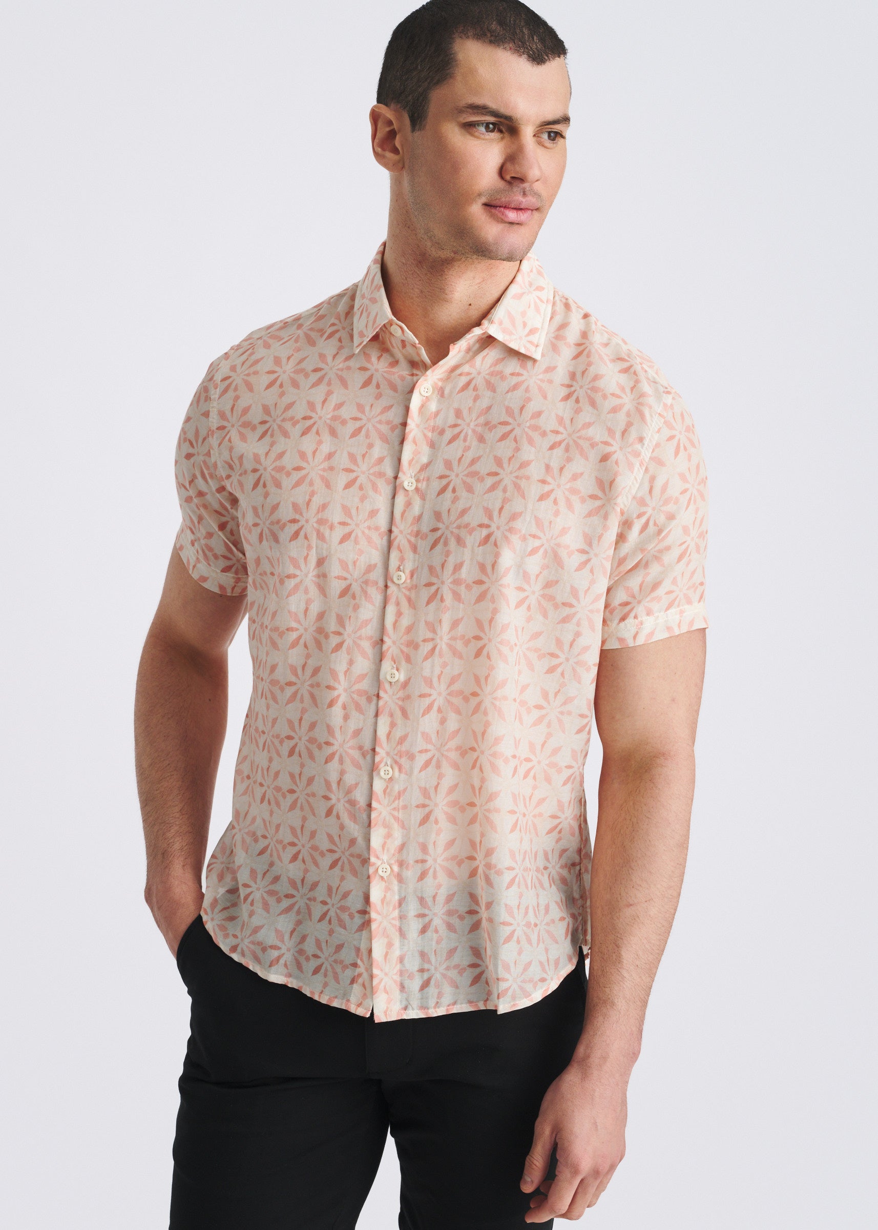 BLUSH/PEACH TILES PRINTED LIGHTWEIGHT COTTON/SILK SHORT SLEEVE WOVEN SHIRT PM-46049