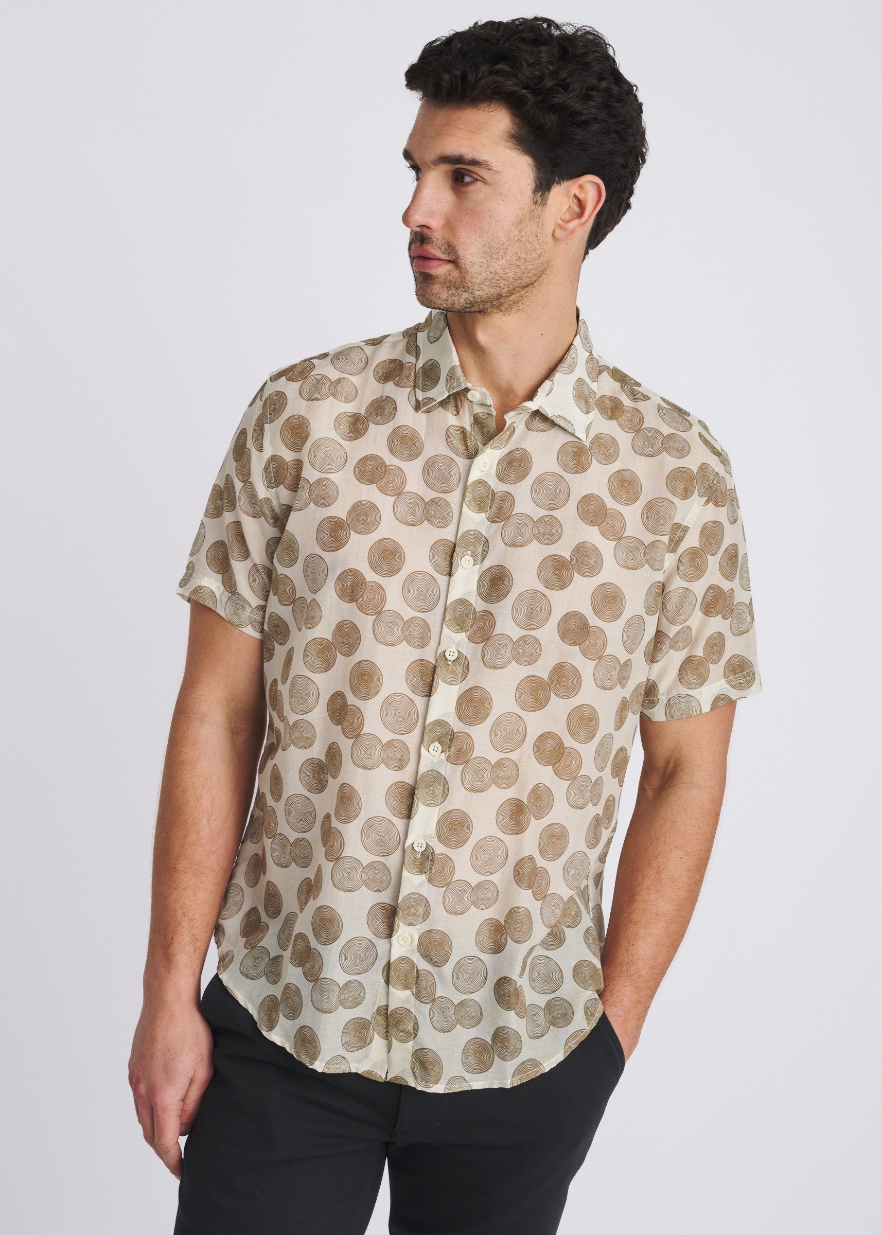LATTE/ESPRESSO STUMPS PRINTED LIGHTWEIGHT COTTON/SILK SHORT SLEEVE WOVEN SHIRT PM-46050