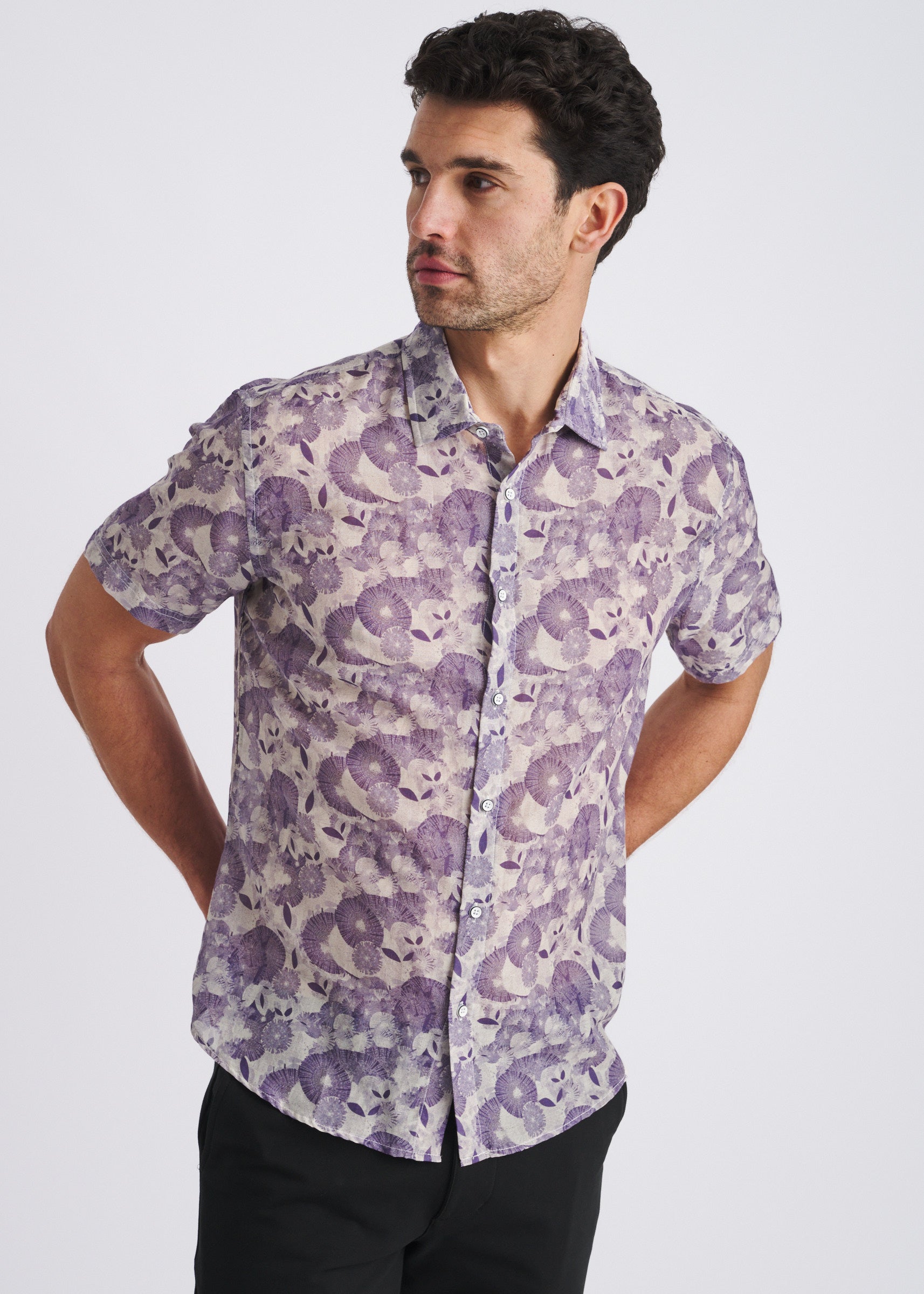 SKY/NAVY FLORAL PRINTED LIGHTWEIGHT LINEN/TENCEL SHORT SLEEVE SHIRT PM-45051