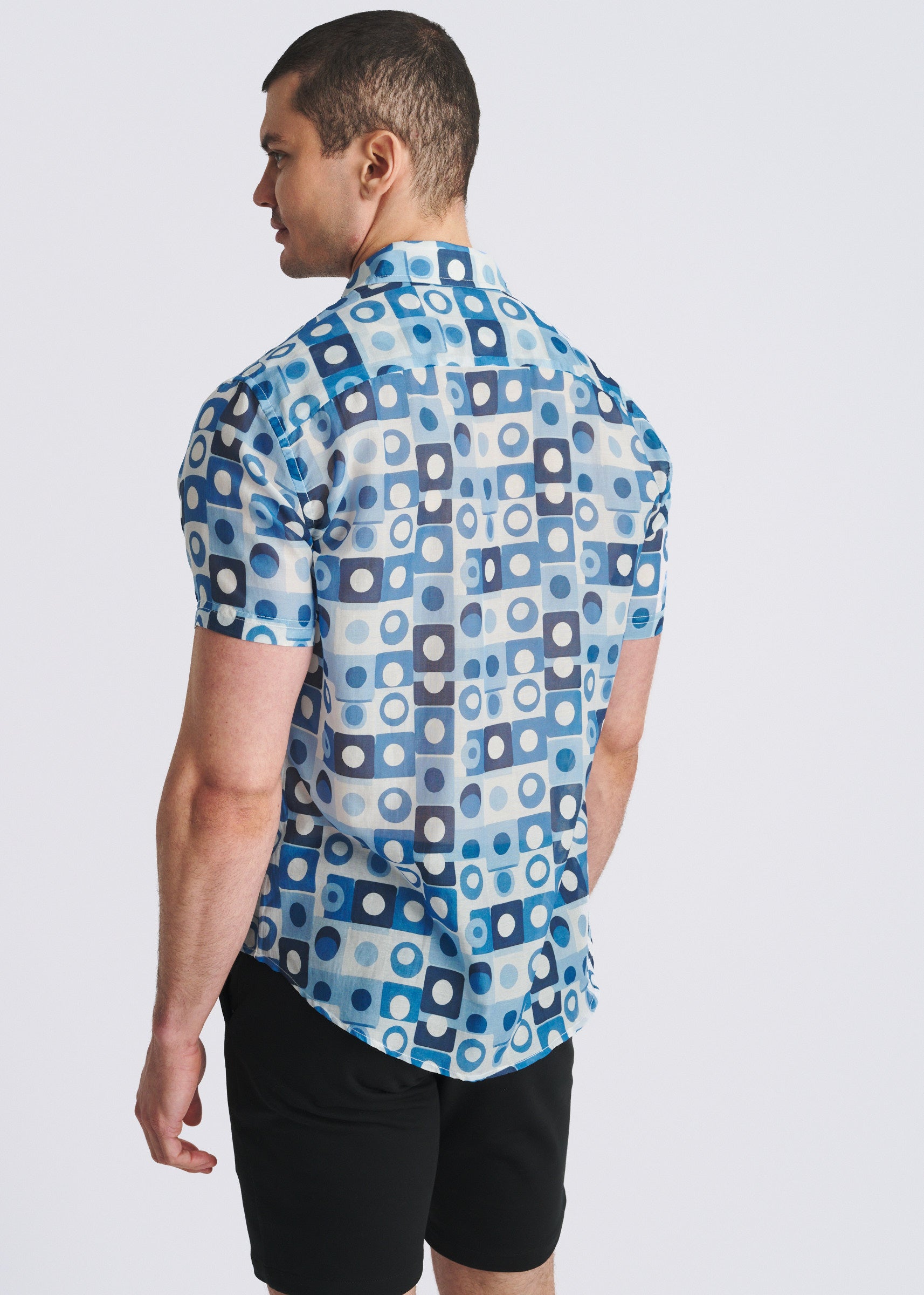 NAVY/SLATE SQUARES PRINTED LIGHTWEIGHT COTTON/SILK SHORT SLEEVE WOVEN SHIRT PM-46052