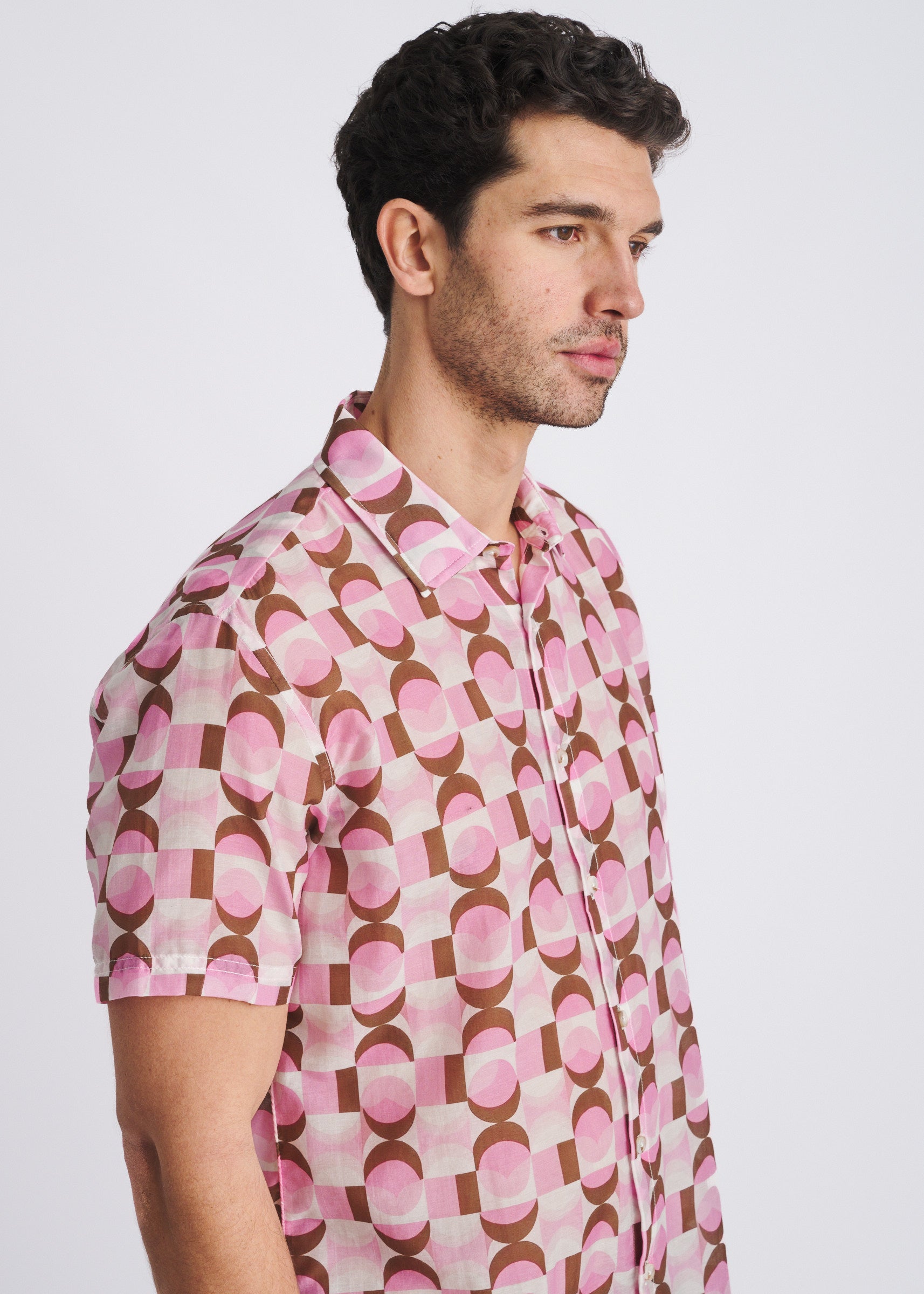 PINK/OLIVE RETRO PRINTED LIGHTWEIGHT COTTON/SILK SHORT SLEEVE WOVEN SHIRT PM-46053