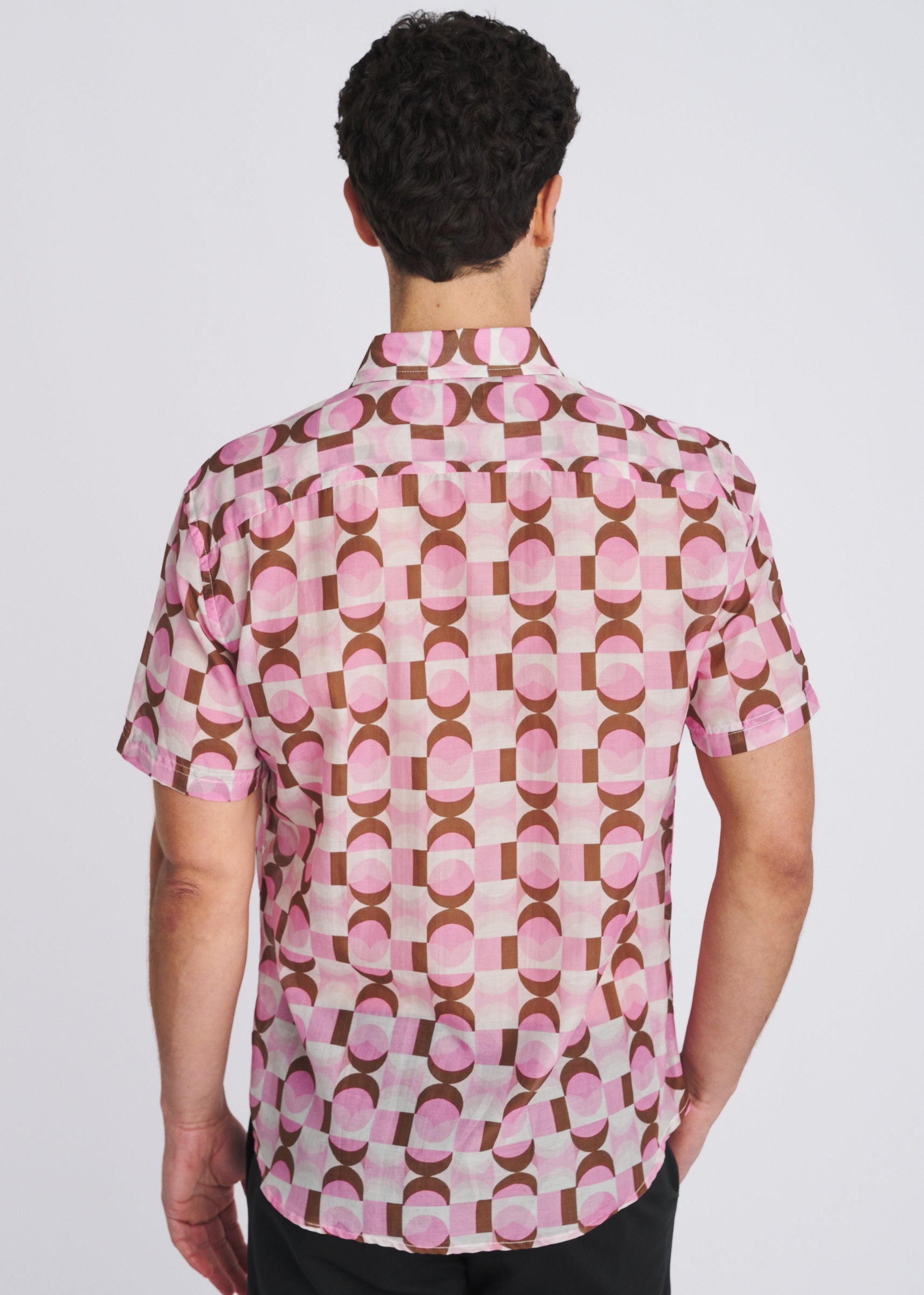 PINK/OLIVE RETRO PRINTED LIGHTWEIGHT COTTON/SILK SHORT SLEEVE WOVEN SHIRT PM-46053