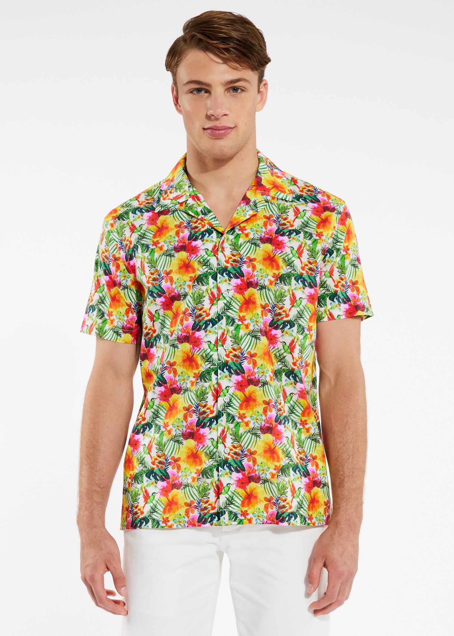 YELLOW/FUCHSIA HIBISCUS TENCEL/COTTON SHORT SLEEVE WOVEN CAMP SHIRT PM-47002