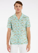 TEAL/PINK FLAMINGOS TENCEL/COTTON SHORT SLEEVE WOVEN CAMP SHIRT PM-47006
