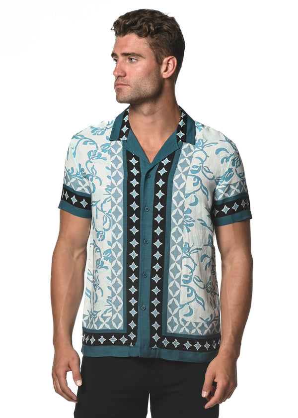 TURQUOISE/BLACK FLORAL VISCOSE/LINEN SHORT SLEEVE WOVEN CAMP SHIRT PM-47013