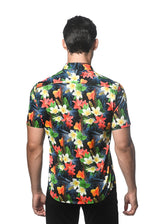 NAVY/ CRIMSON TROPICS PRINTED COTTON TENCEL SHORT SLEEVES WOVEN SHIRT PM-47041