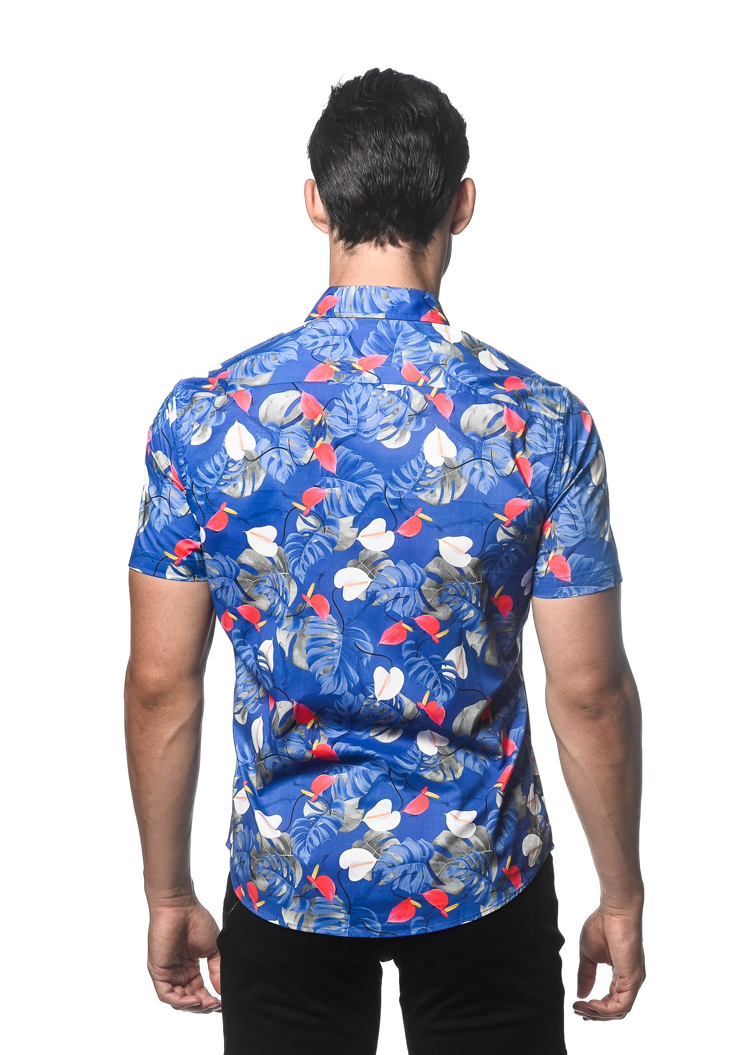 COBALT/ RED TROPICALE PRINTED COTTON TENCEL SHORT SLEEVES WOVEN SHIRT PM-47042