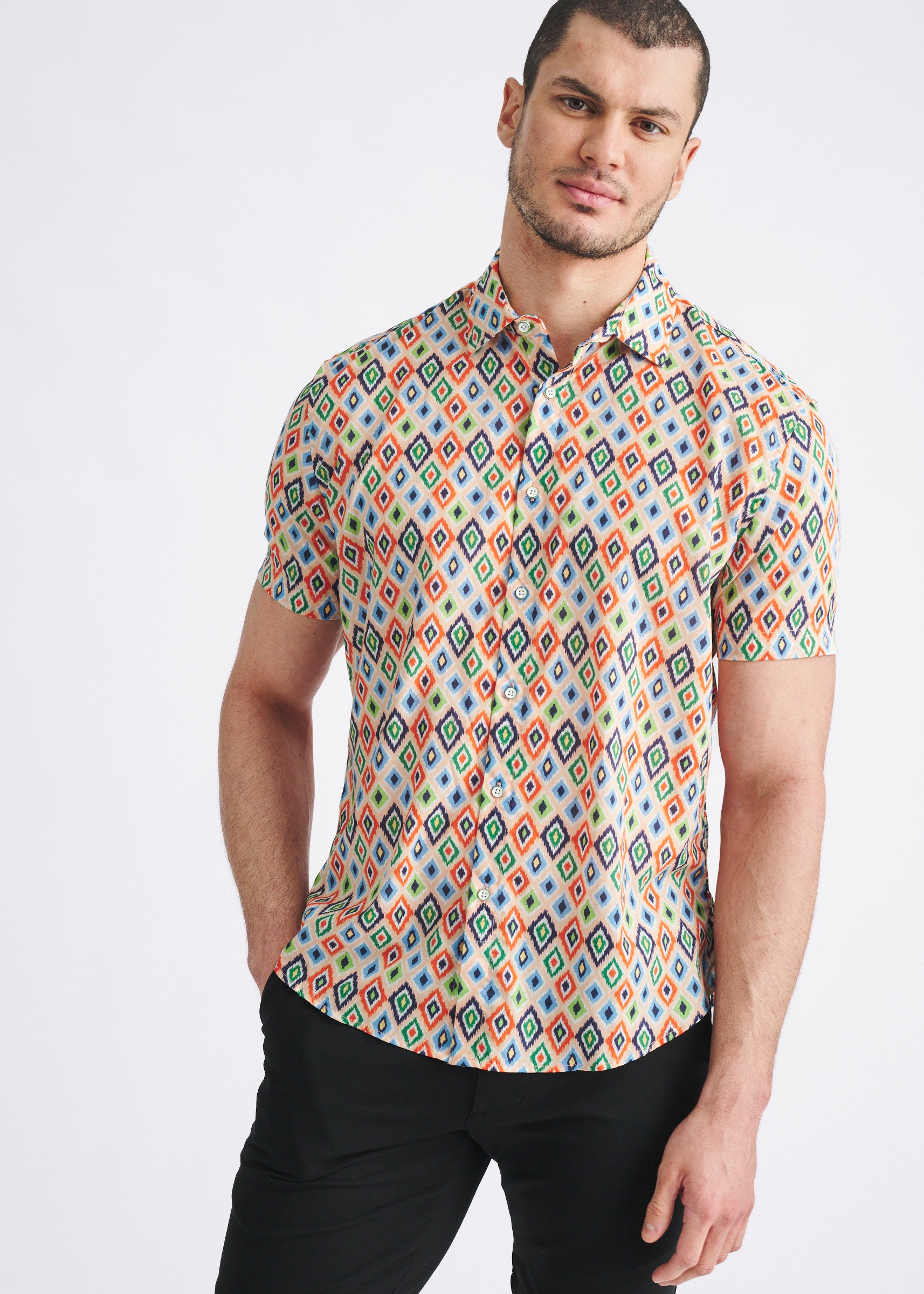 SHERBET/NAVY DIAMONDS PRINTED LIGHTWEIGHT COTTON/TENCEL SHORT SLEEVE WOVEN SHIRT PM-47055